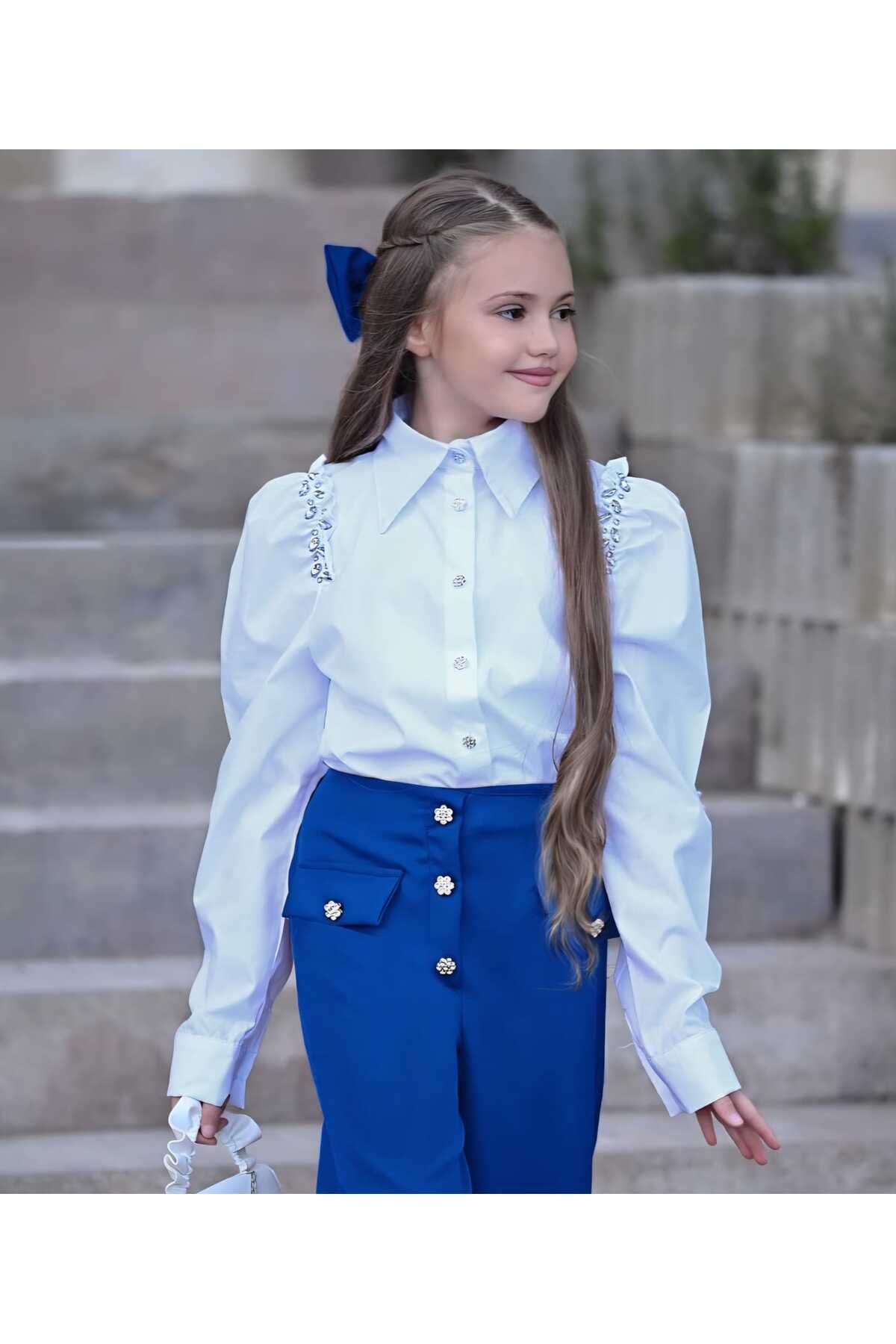 Kids-Girl's Stone Detailed Shirt, Pants, Buckle and Bag 2