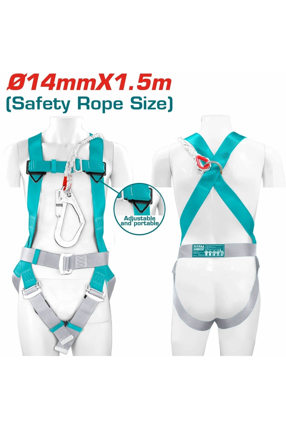 TOTAL-Safety harness with 1 attachment point and 4 adjustment points. 14Mmx1.5Mm Polyester. 1