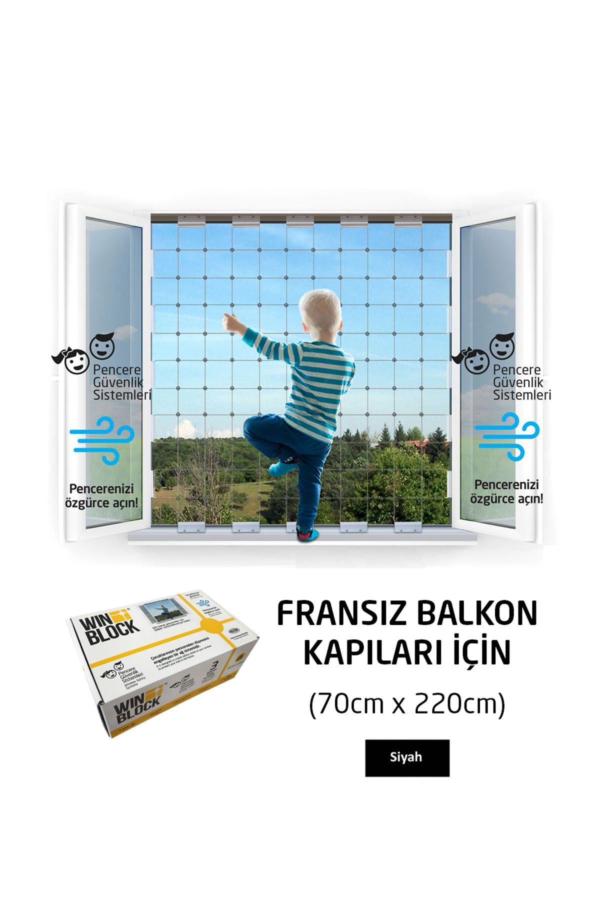 WINBLOCK Fransız Balkon Kapısı (70X220 CM) - Çocuklar Için Pencere Çelik Güvenlik Ağı - Siyah Profil