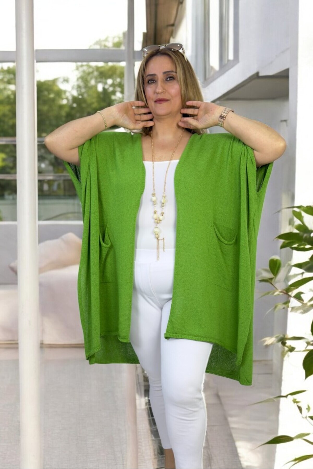 yagmurberen-Short Sleeve Asymmetric Cut Slit Pocket Shawl Collar Large Size Italian Mercerized Cardigan 6