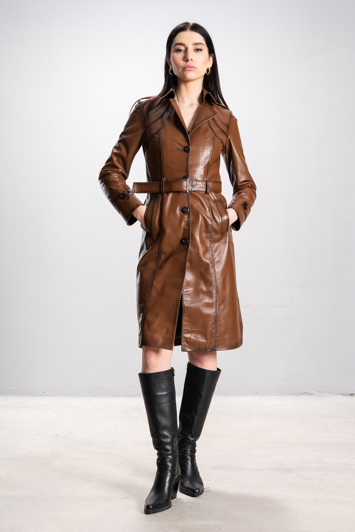 Dericlub-Dericlub Angela Women's Real Leather Belted Trench Coat and Shampoo 4