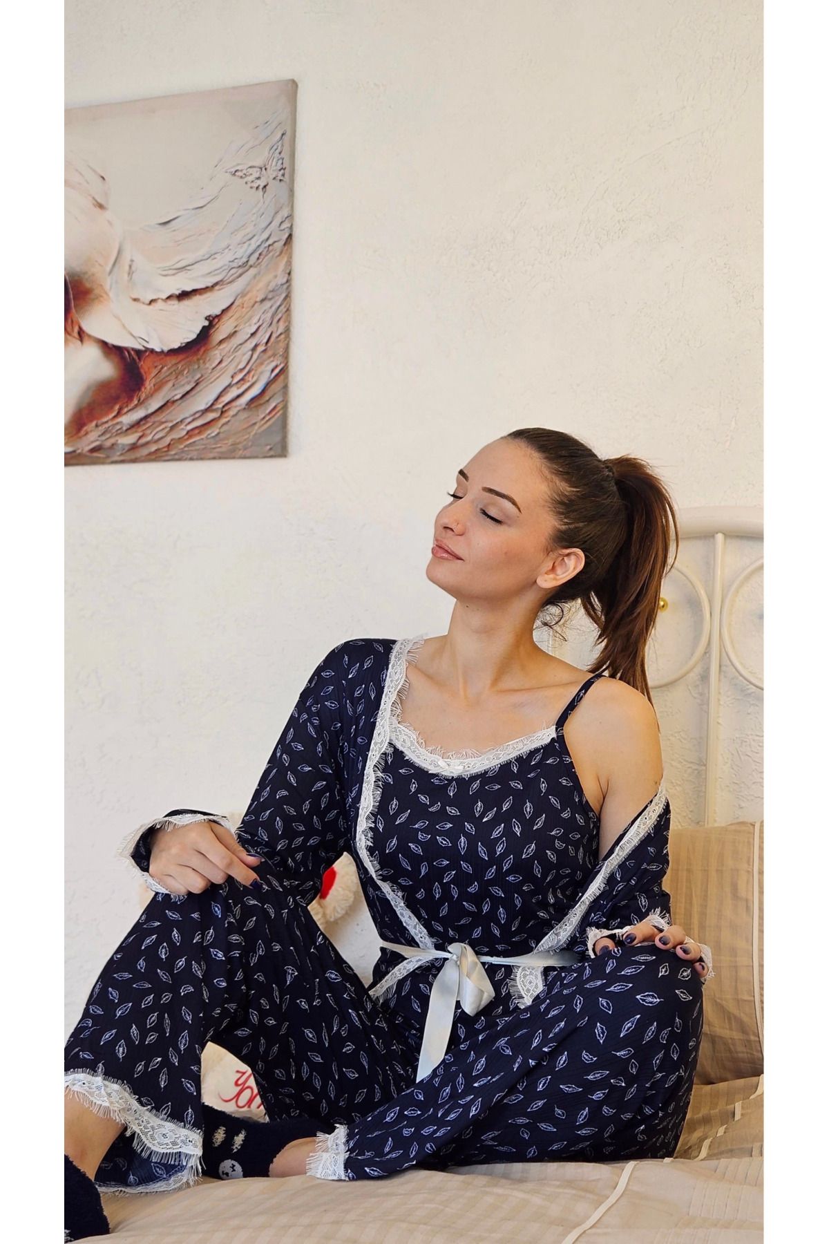 OEM Estiva 25192 Kadın Desenli Pegasus Sabahlıklı Pijama Takımı