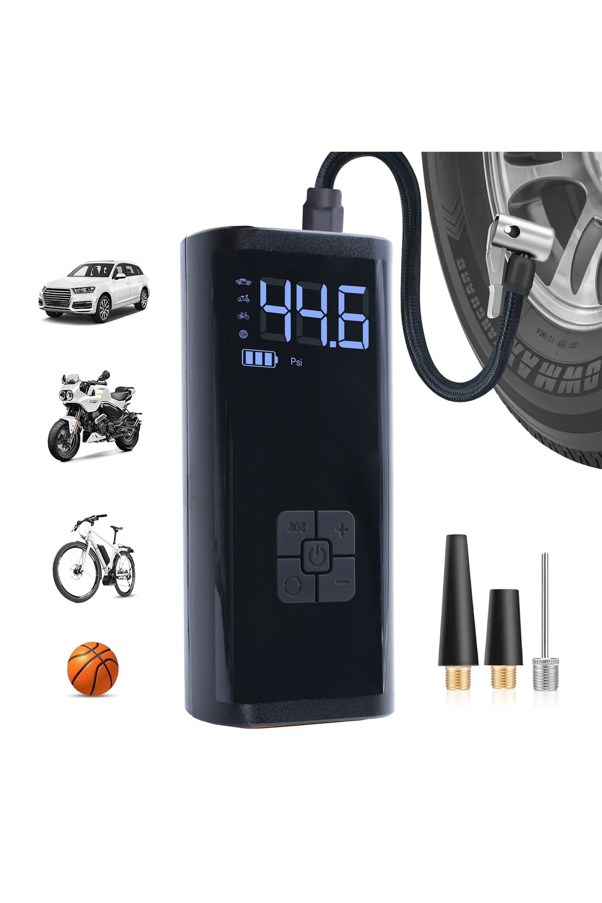 Mega Oto Market Dijital Ekranlı 2000 mAh Şarjlı Taşınabilir Oto Hava Kompresörü 4 Başlıklı Araç Lastik Top Şişirme P