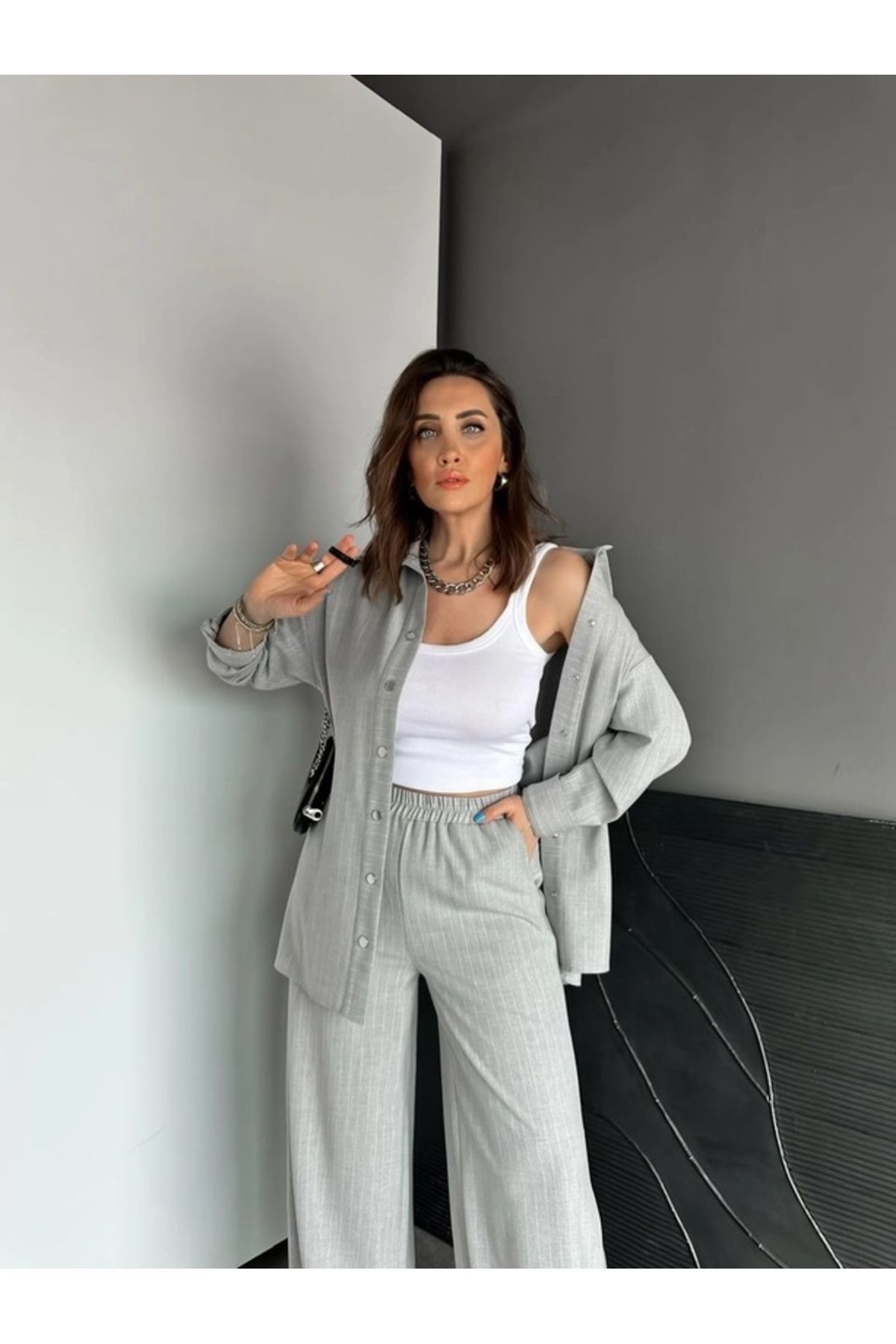 QİMYA BUTİK-Qimene Women's Oversize Striped Shirt and Trousers with Snap Detail Bottom-Top Two Piece Set 6