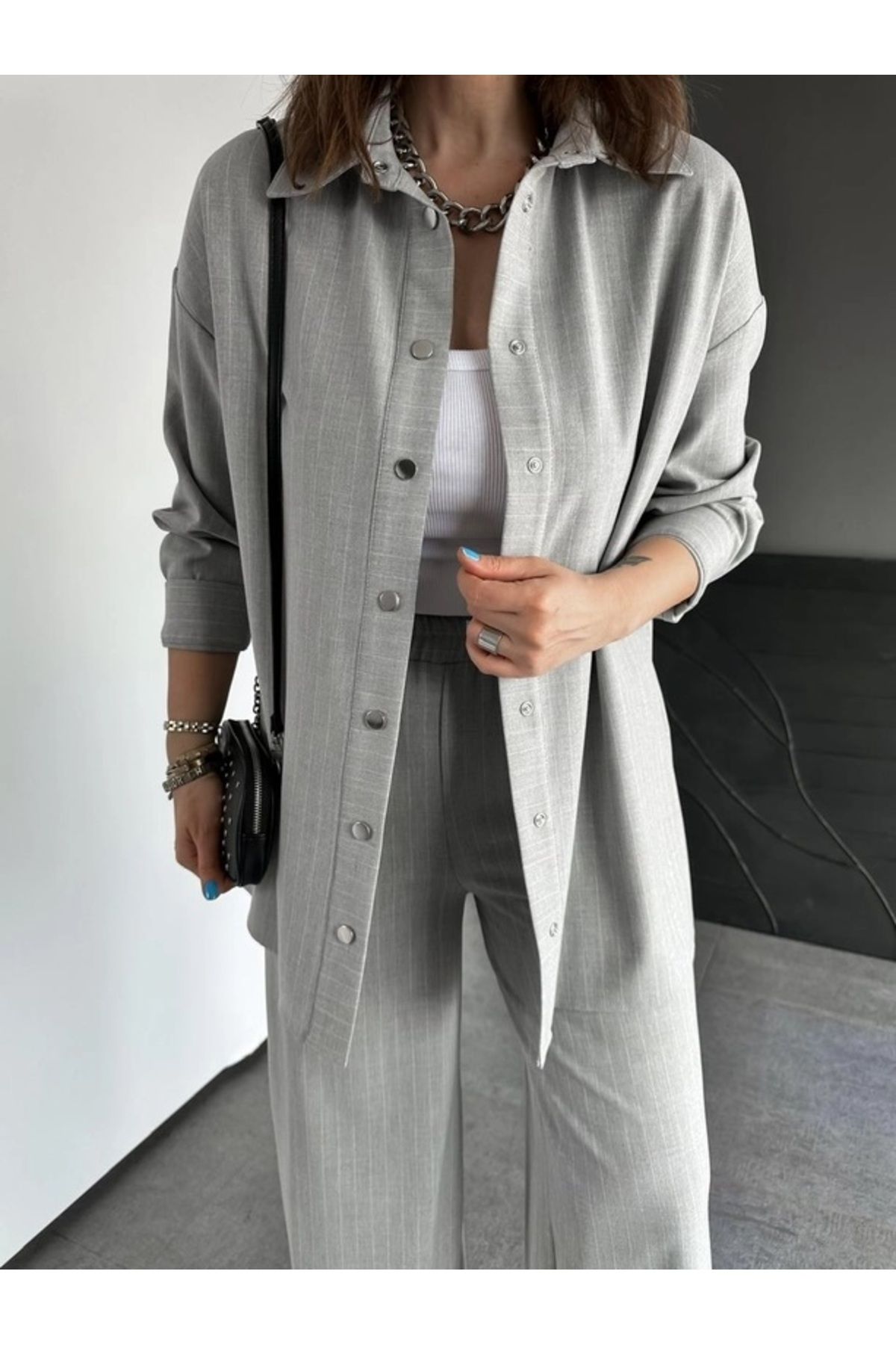 QİMYA BUTİK-Qimene Women's Oversize Striped Shirt and Trousers with Snap Detail Bottom-Top Two Piece Set 4