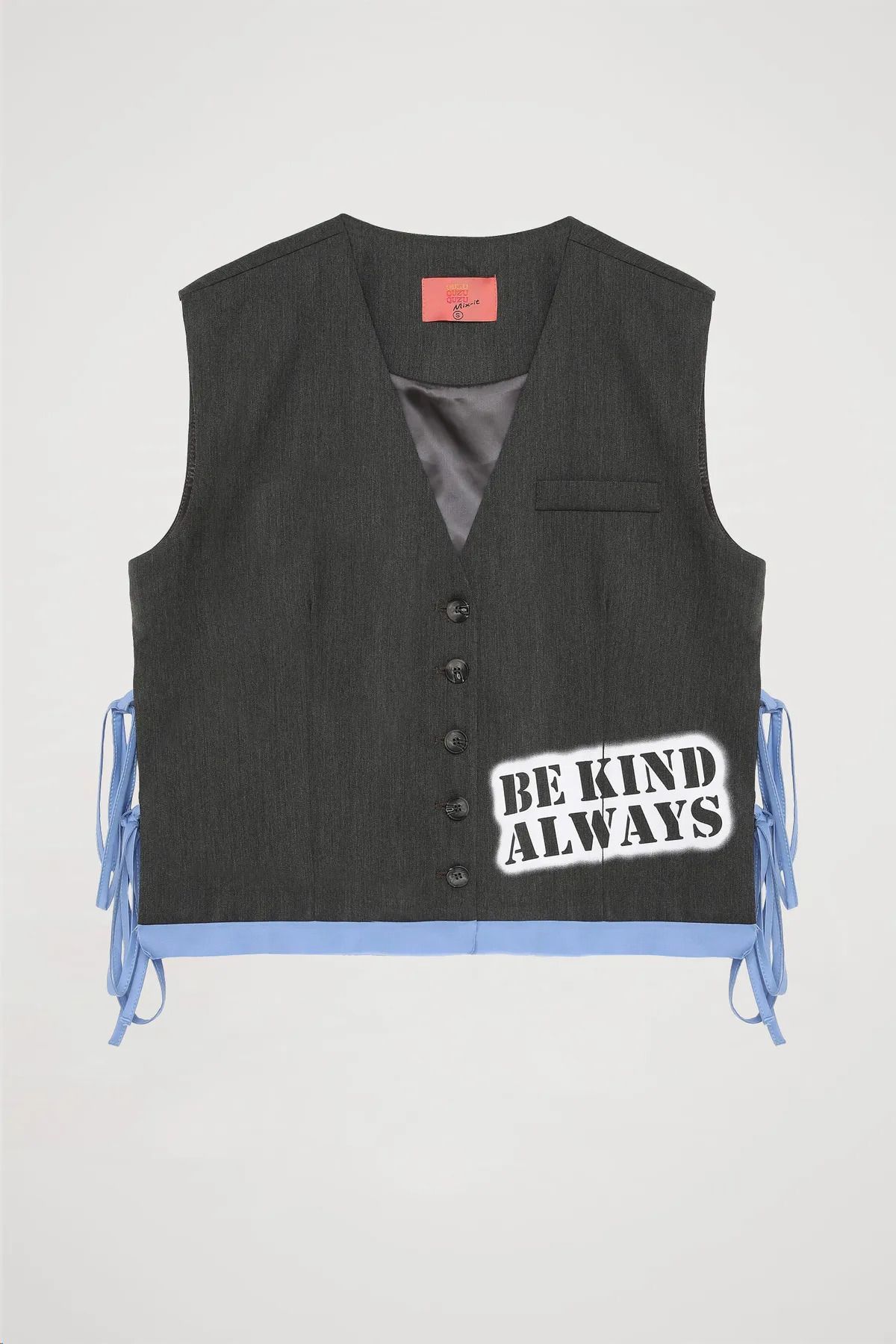 Quzu-Anthracite Colored Text Printed Bow Vest 5