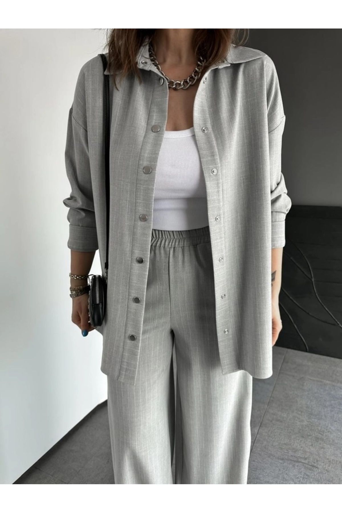 QİMYA BUTİK-Qimene Women's Oversize Striped Shirt and Trousers with Snap Detail Bottom-Top Two Piece Set 7