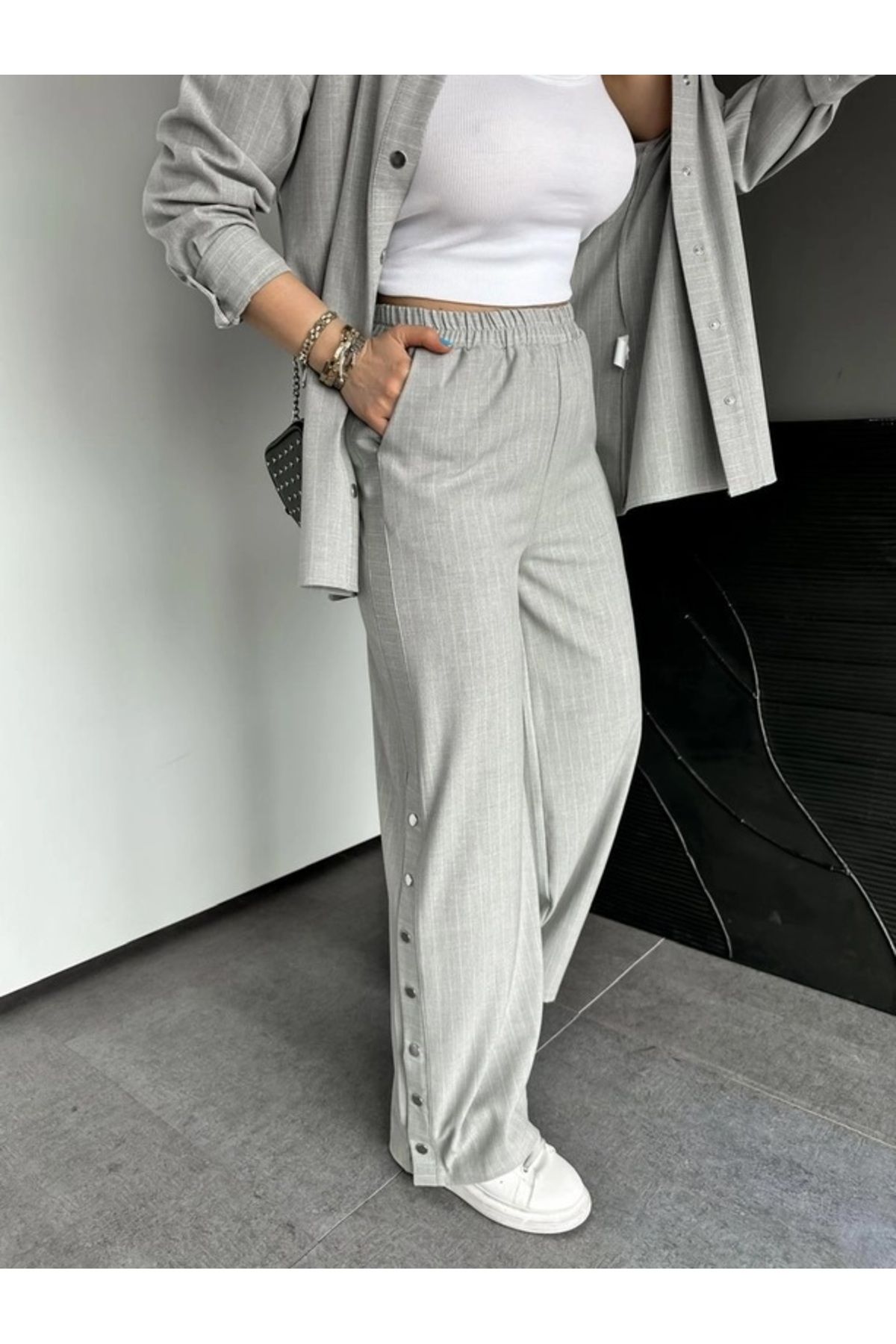 QİMYA BUTİK-Qimene Women's Oversize Striped Shirt and Trousers with Snap Detail Bottom-Top Two Piece Set 8