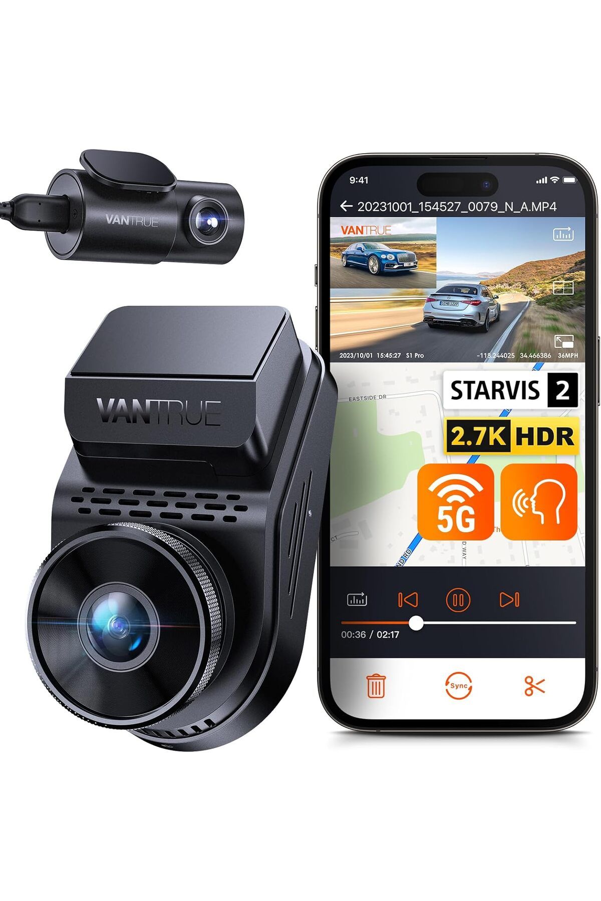 VANTRUE S1 Pro 2.5K 60FPS Dashcam, Ön & Arka, WiFi, GPS, HDR Gece Görüşü, Park Modu