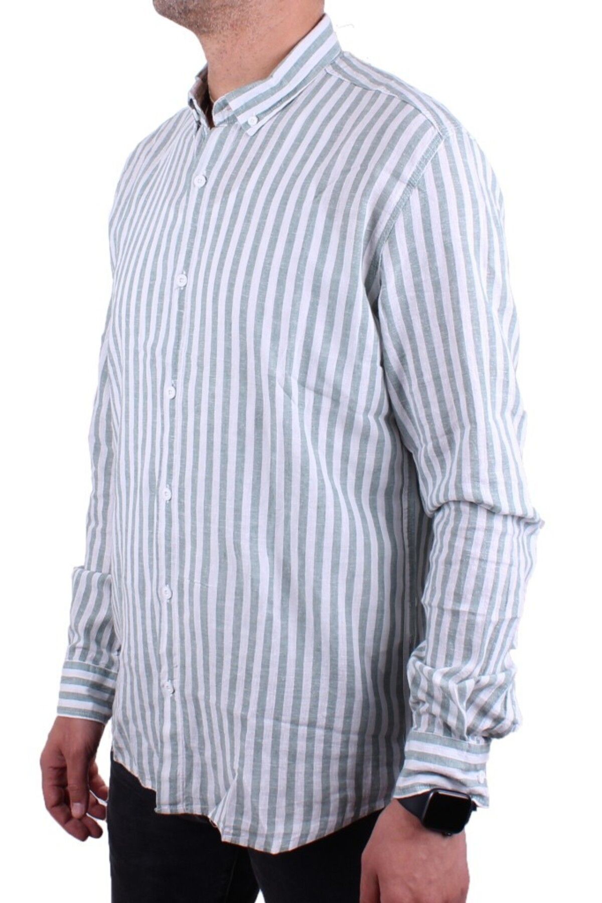 Twister Jeans-Twister 1905 Green Striped Long Sleeve Casual Cotton Blended Linen Men's Shirt 3