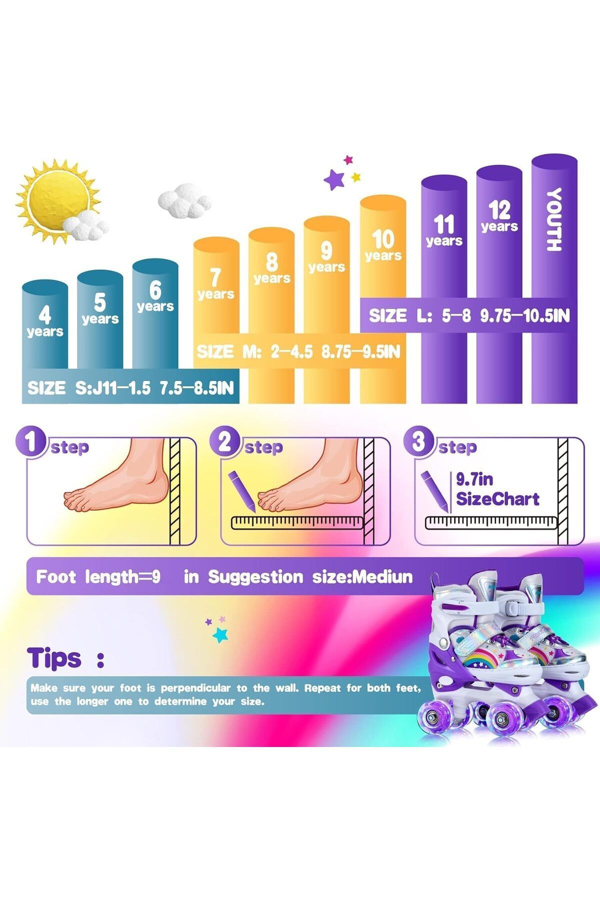 MAAS-Roller Skates for Kids, Adjustable, Colourful Design, with LED Lights Size 35-38 5