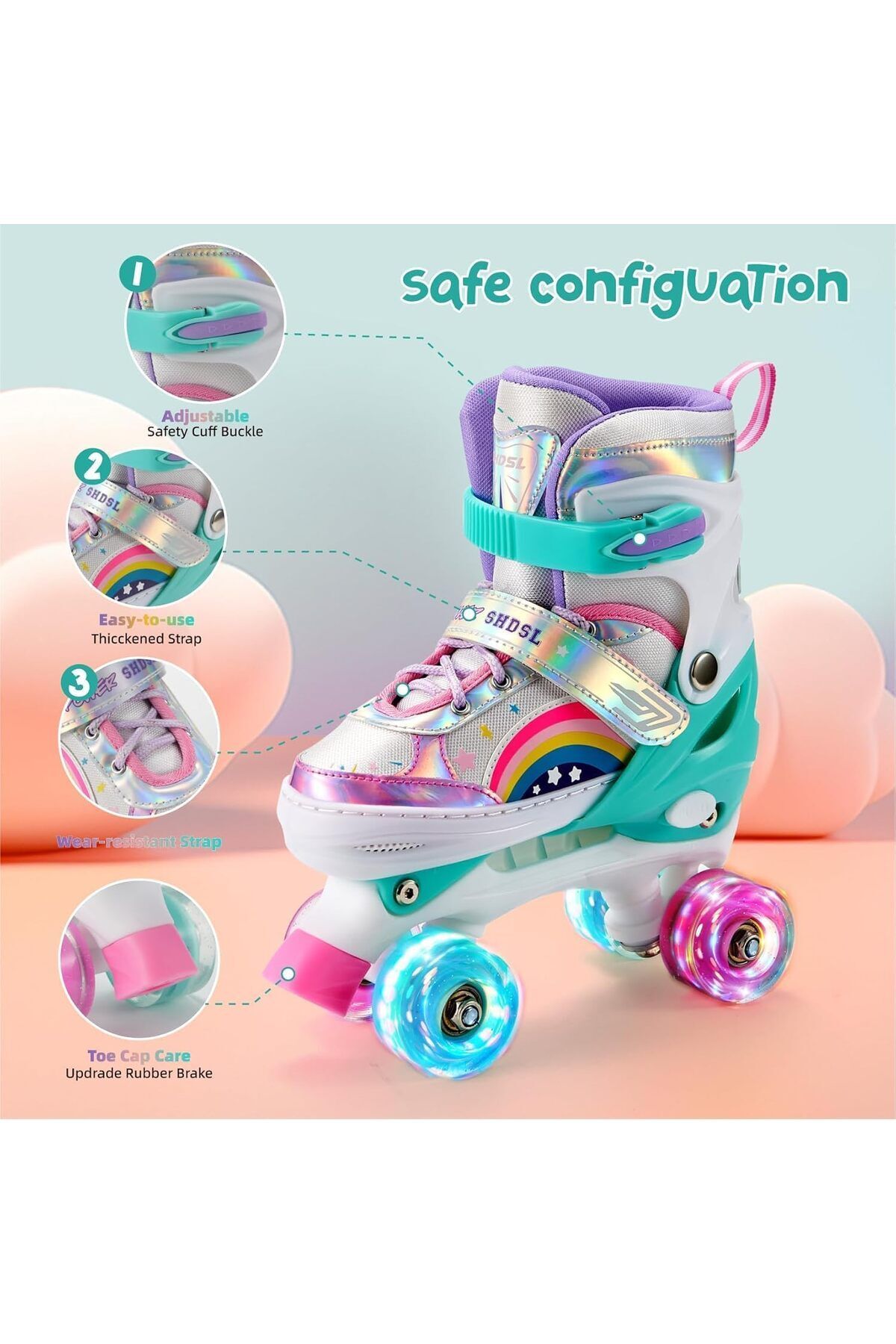 MAAS-Roller Skates for Kids, Adjustable, Colourful Design, with LED Lights Size 35-38 4