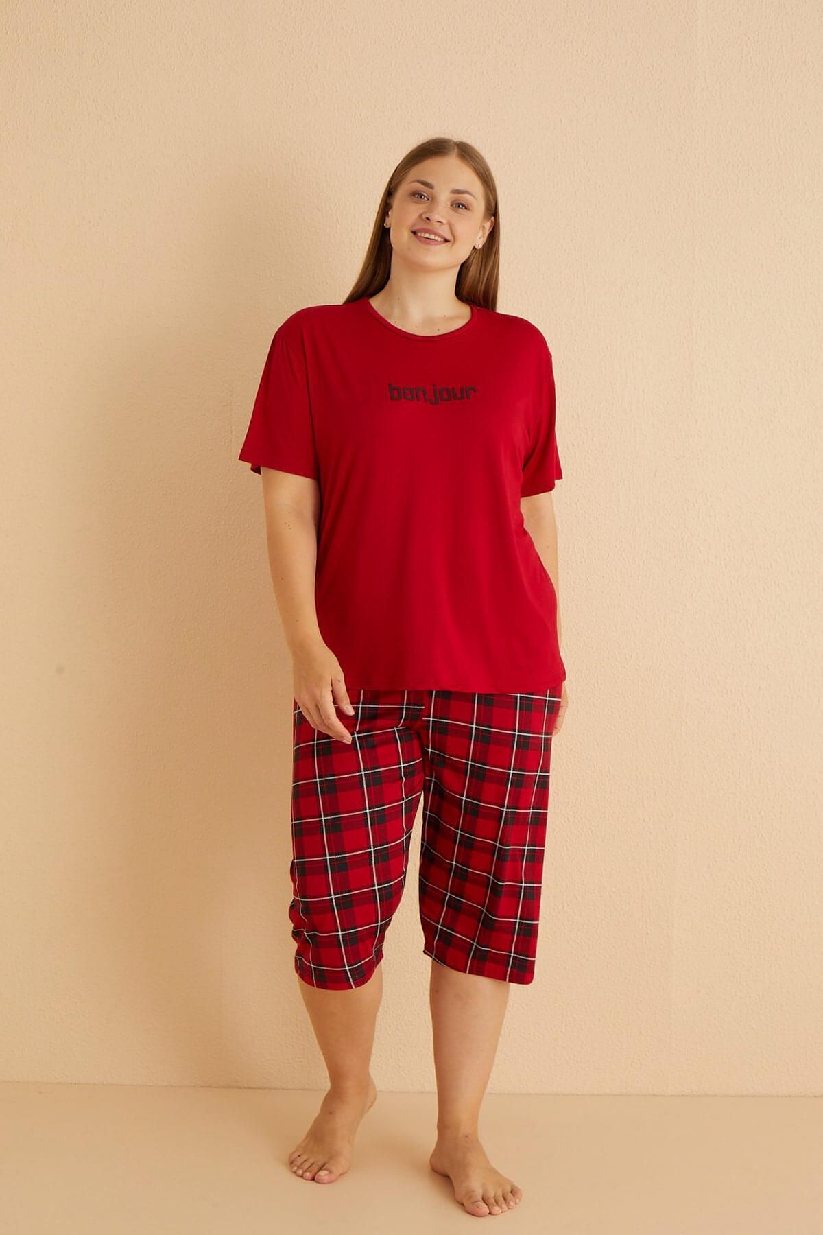 Pijamaevi-Red Bonjour Patterned Bamboo Capri Short Sleeve Oversize Pajama Set 2