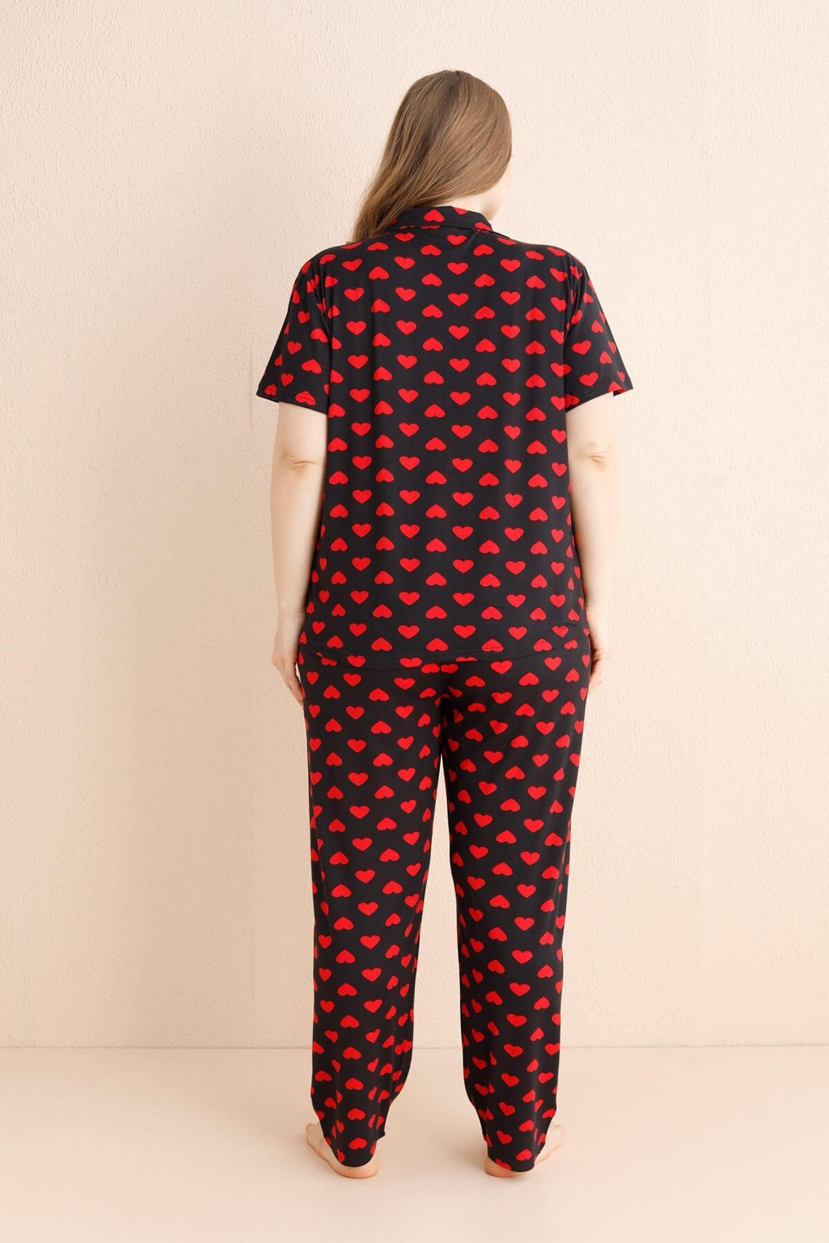 Pijamaevi-Black Nocturne Patterned Bamboo Front Buttoned Short Sleeve Large Size Oversize Pajama Set 3