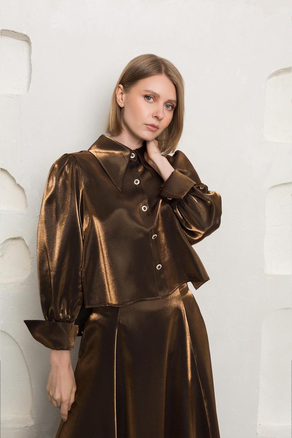 Nurs-Satin Shirt Skirt Suit Brown 3
