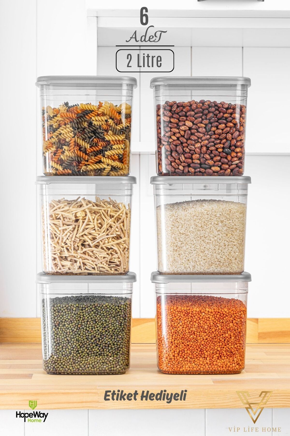 VİP LİFE HOME-Practical 6-Piece 2000 ml Rectangular Food and Pulses Storage Container Set (20 Labels with Gift) 1