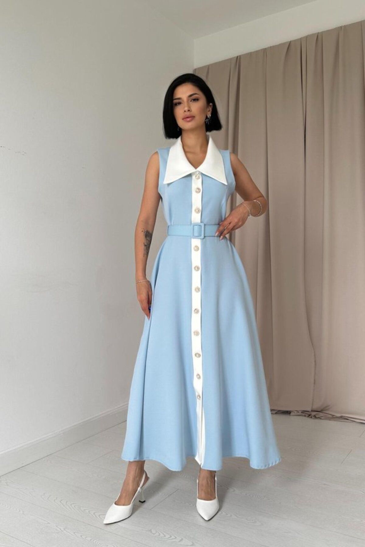 velmorafashion Bebe Mavi Geniş Yakalı Halter Kollu Elbise