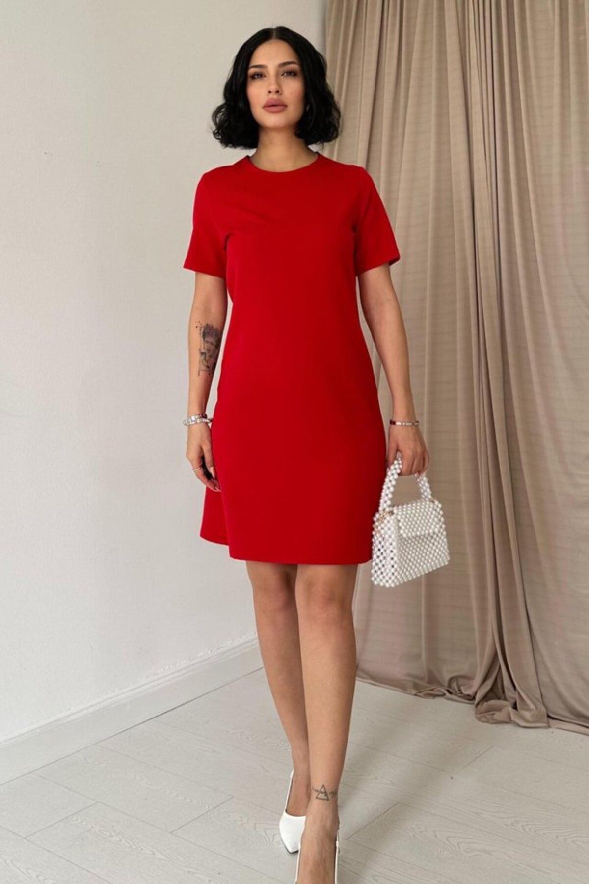 velmorafashion Kırmızı Kısa Kol Atlas Mini Elbise