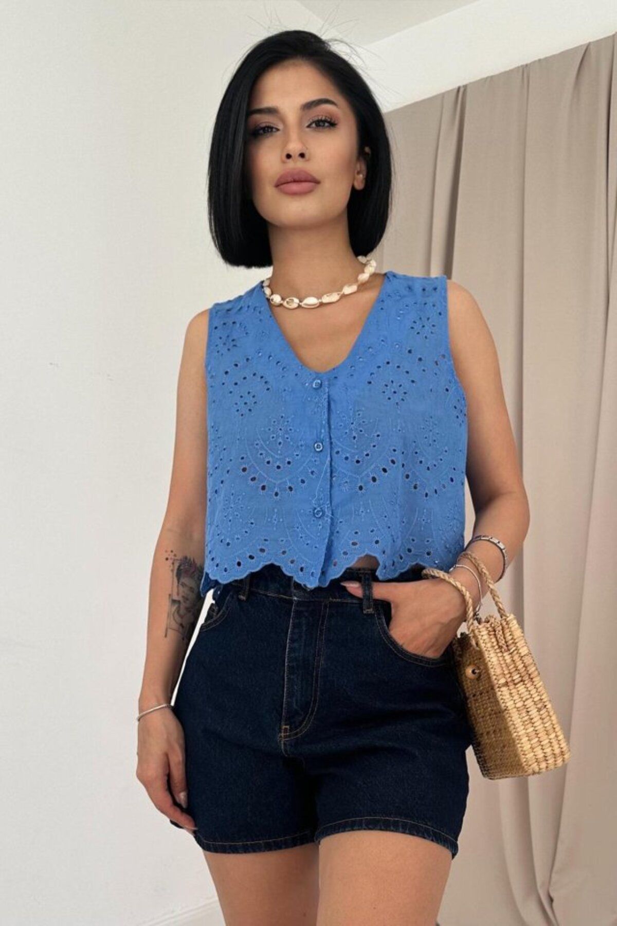 velmorafashion Mavi Sıfır Kol Brode Bluz