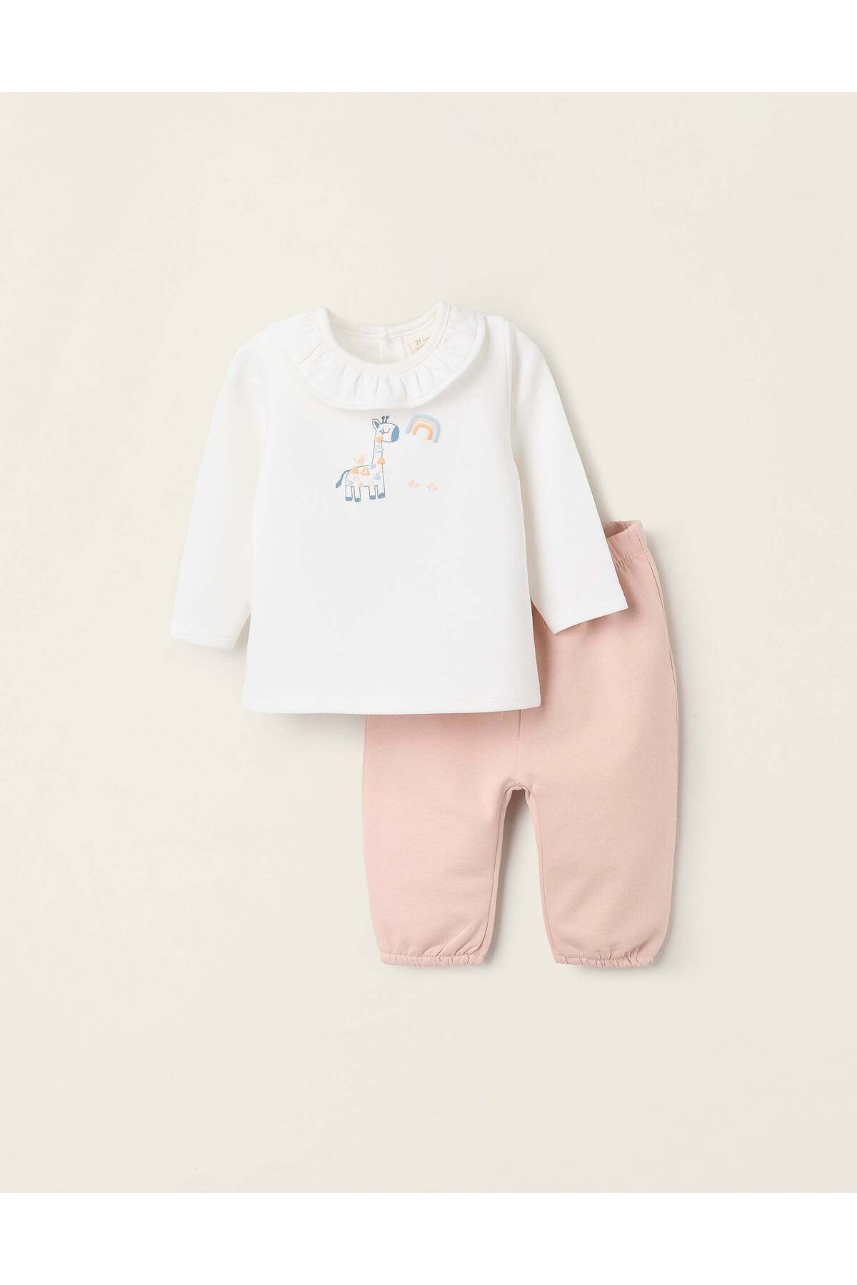 Ziddy-Set of Sweatshirt + Trousers for Newborn Girls 'Giraffe', Pink/White 1