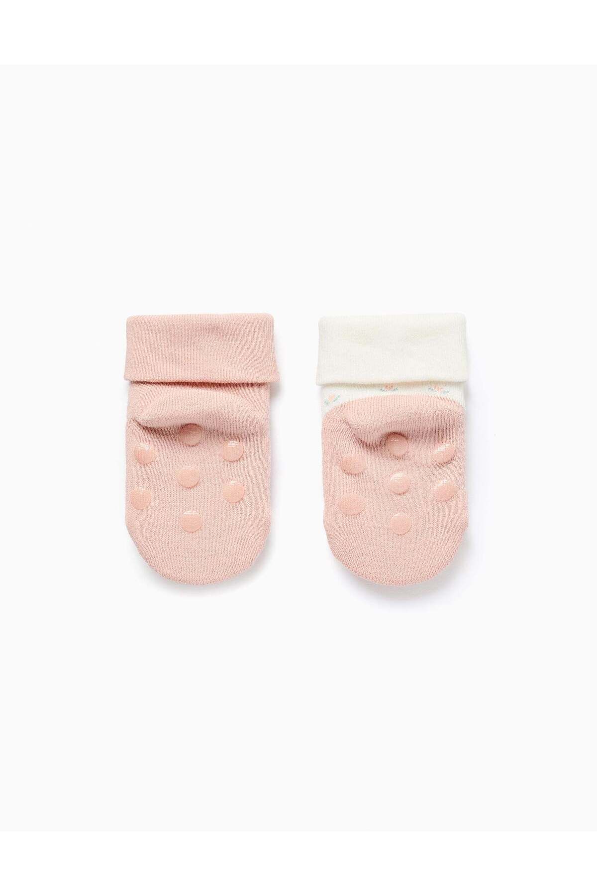 Ziddy-Pack of 2 Non-Slip Socks for Baby Girls 'Flowers', Pink/White 2