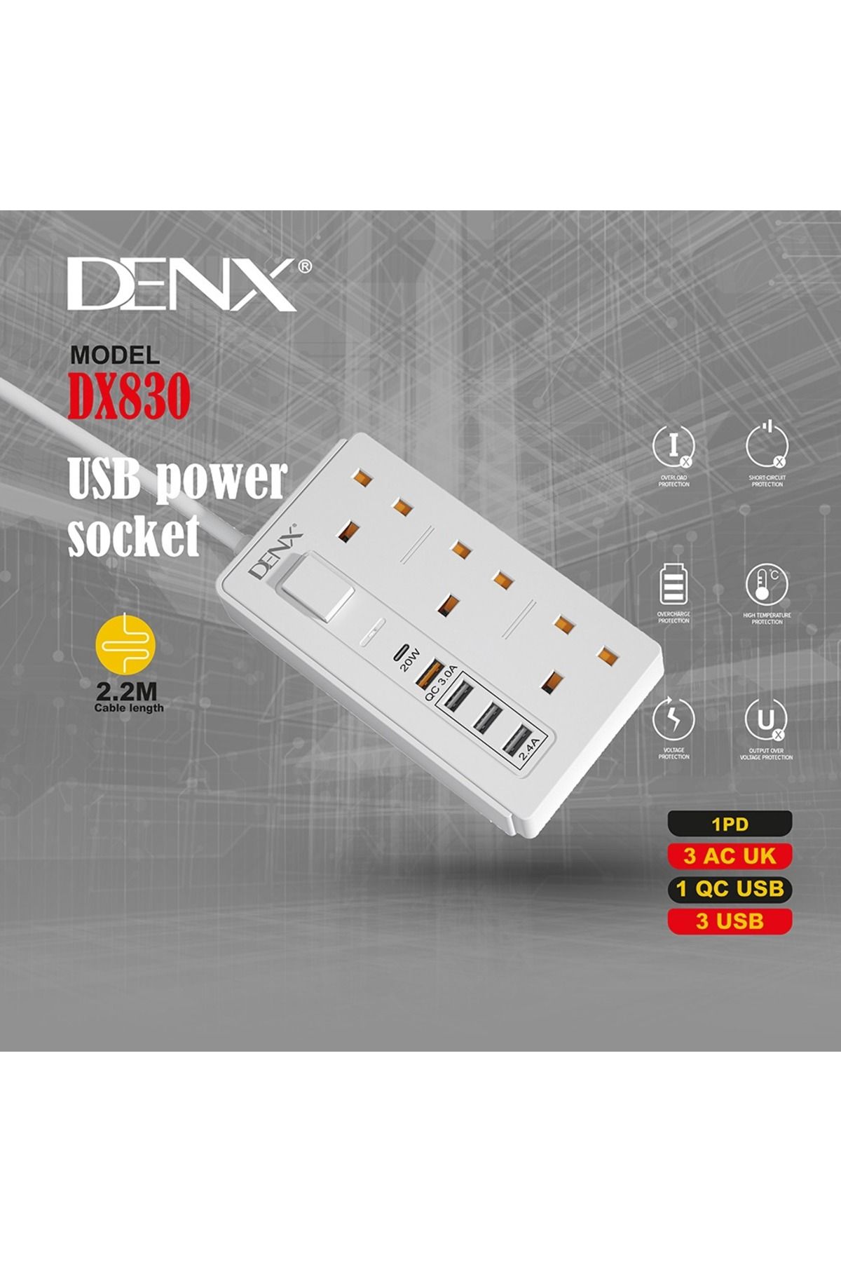 Denx-DX830 - مقبس طاقة بريطاني (3 منافذ بريطاني + 3 منافذ USB-A + PD + QC) 4