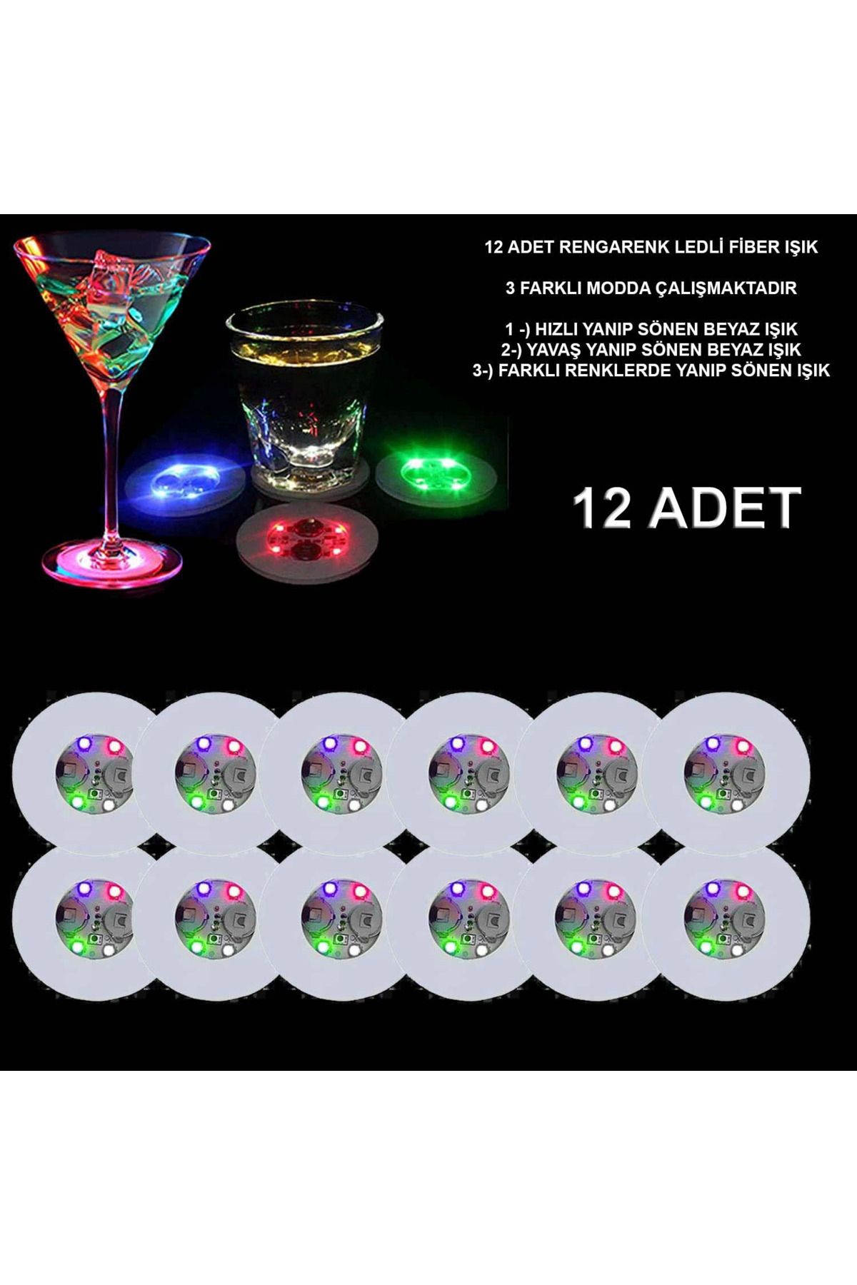Narnuga Renkli Led Işıklı Bardak Altlığı - Dekoratif (12 Adet Pilli) - MCT8165-3742