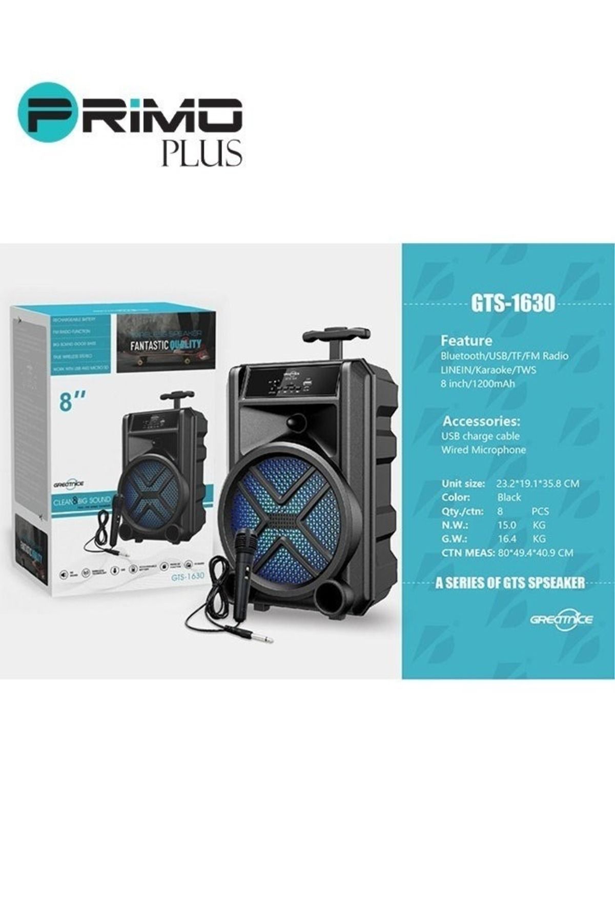 Primo Plus-مكبر صوت لاسلكي بتقنية البلوتوث، صوت ستيريو، راديو FM، ذاكرة TF، مدخل USB، مدخل ميكروفون قابل لإعادة الشحن 8
