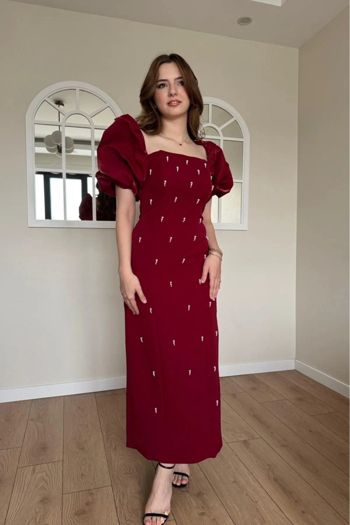 Afiş Butik  İnci İşlemeli Balon Kollu Uzun Gece Elbisesi - Görsel 4