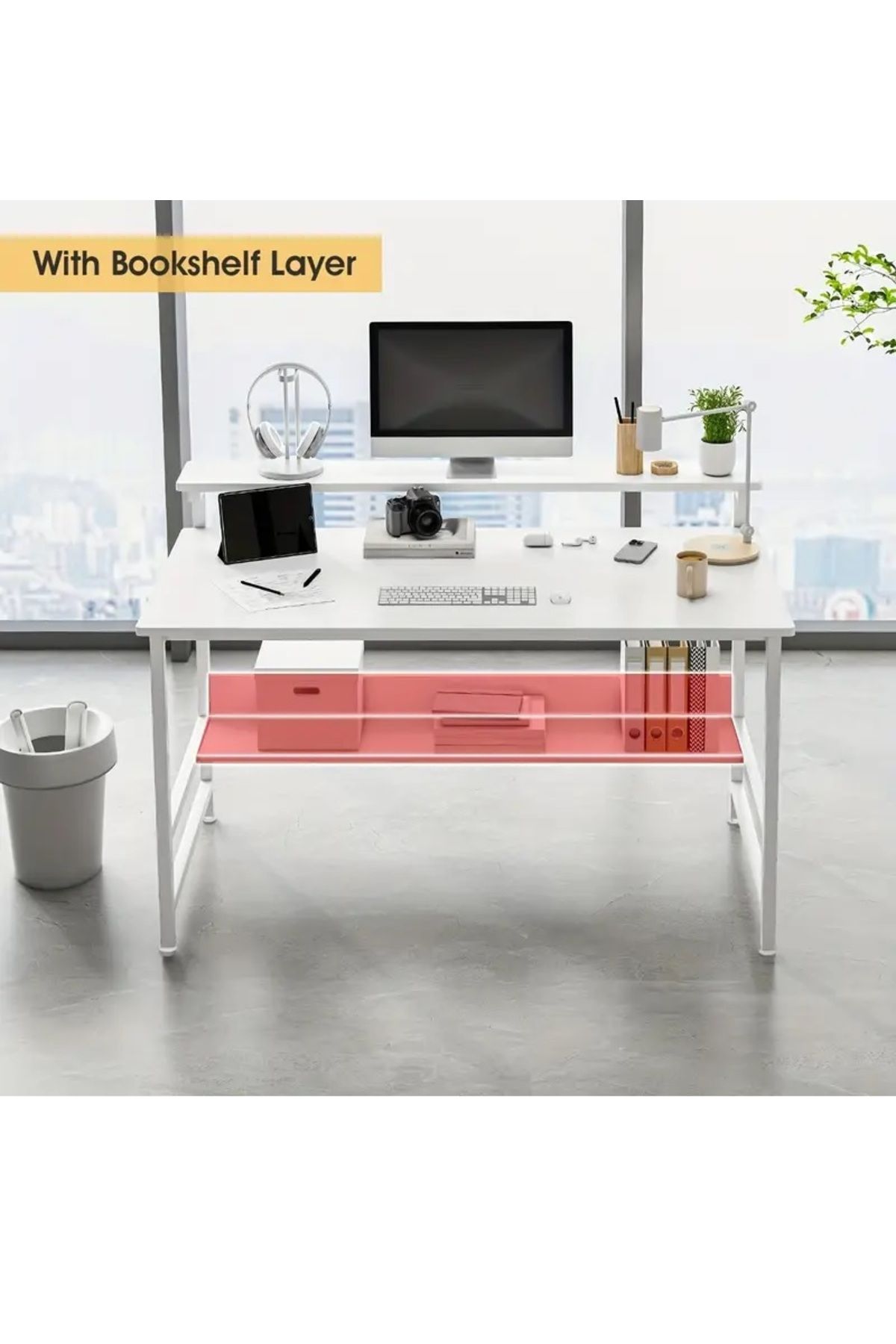 DDF-Luxury wooden computer desk with 3 levels, mounting bases and wire runner for work,home and gaming 5
