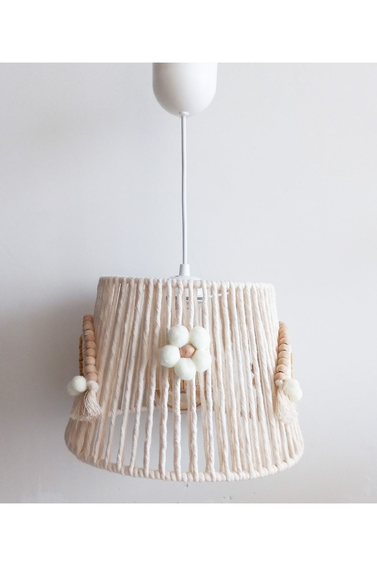 C&A&B KUZEY AVİZE-Ecru Macrame String Wrap Rainbow And Wooden Bead Appliqued Baby And Children's Room Chandelier 2