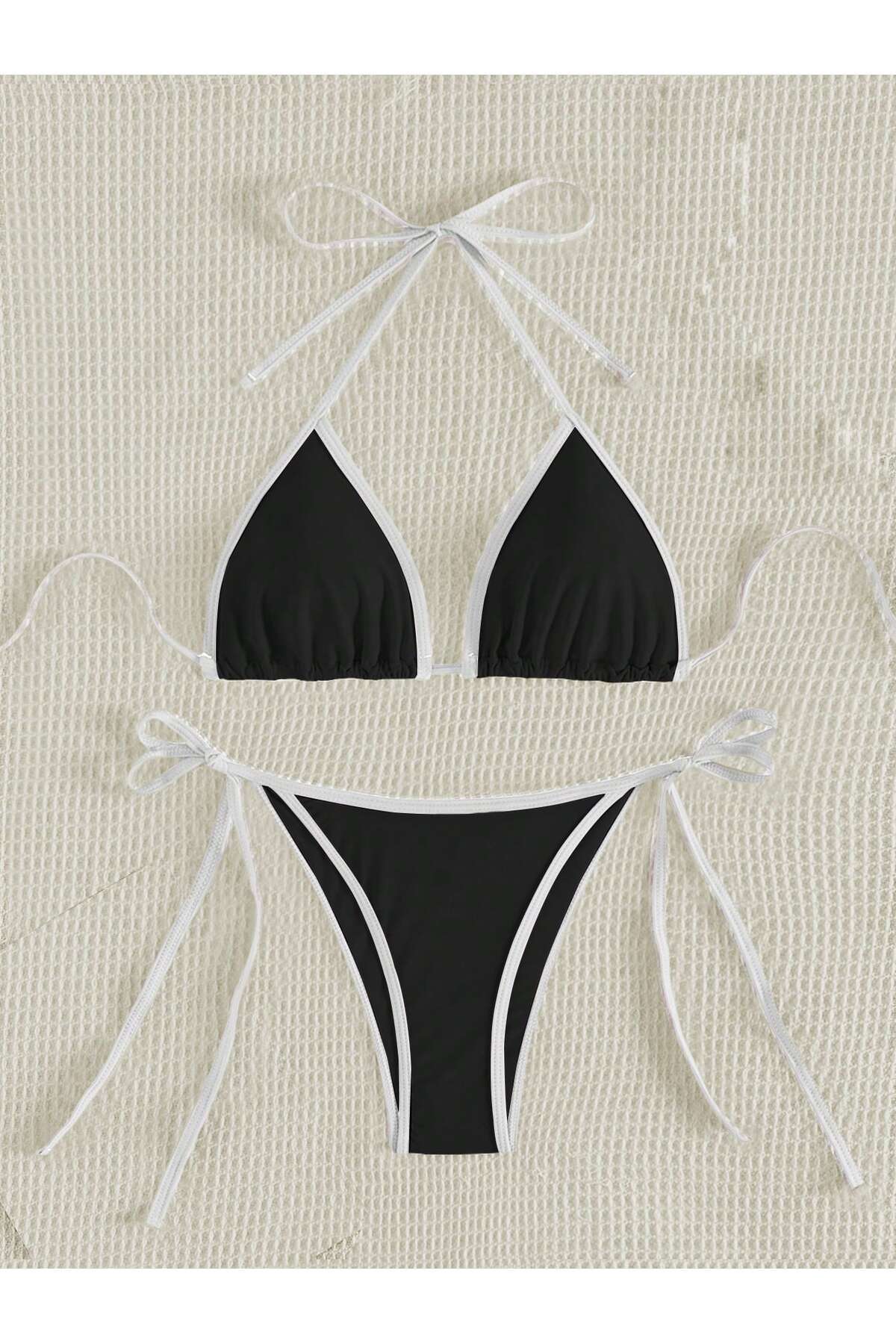 poswicon-Black Bikini Women's Halter Curled Edge Detail Strappy Bikini Set, Two Piece Bikini 1