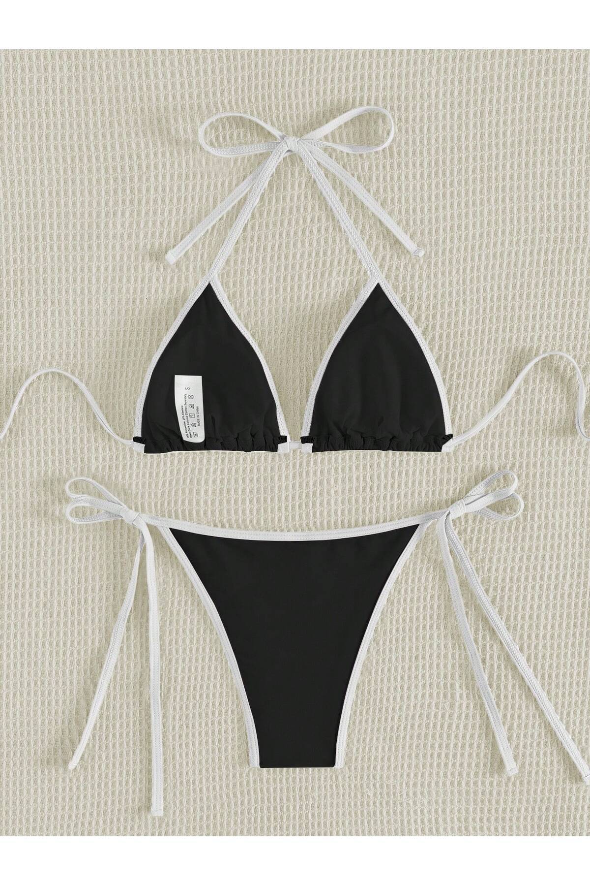 poswicon-Black Bikini Women's Halter Curled Edge Detail Strappy Bikini Set, Two Piece Bikini 2