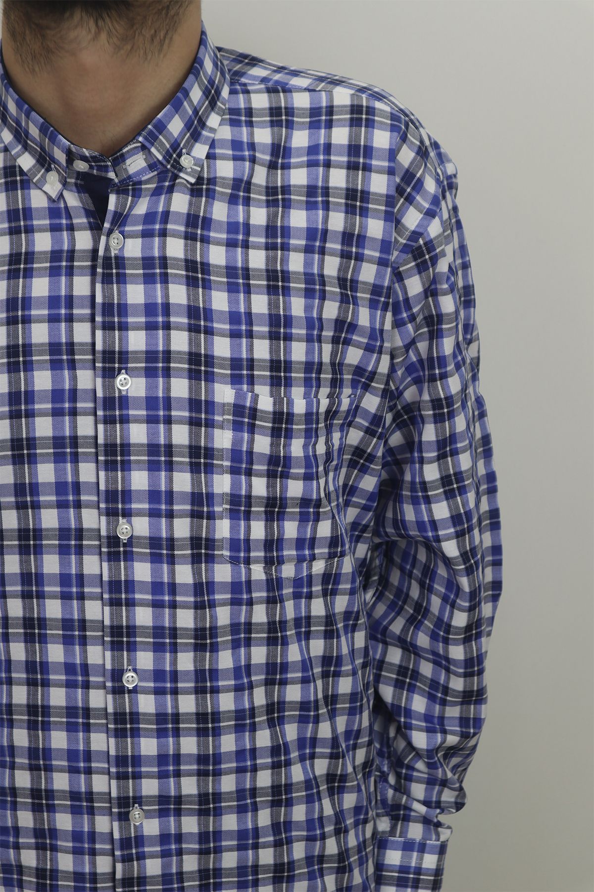 CLİENTE-Men's Dark Blue Plaid Cashmere Long Sleeve Summer Single Pocket Patika 3