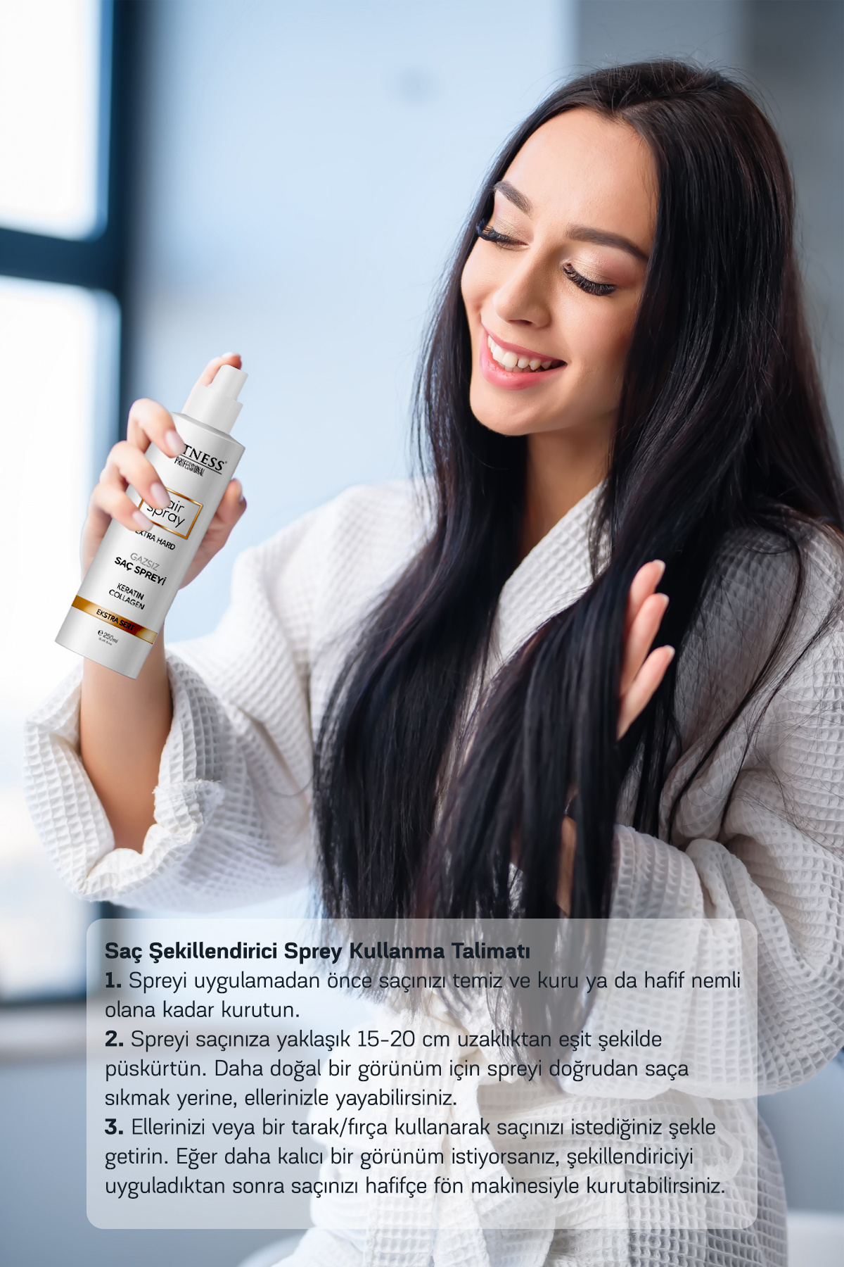 Gazsız Saç Spreyi Saç Şekillendirici Ekstra Sert Tutuş Biotin Collagen İçerikli 250 ml — FTNS03 — تصویر 3 از 4