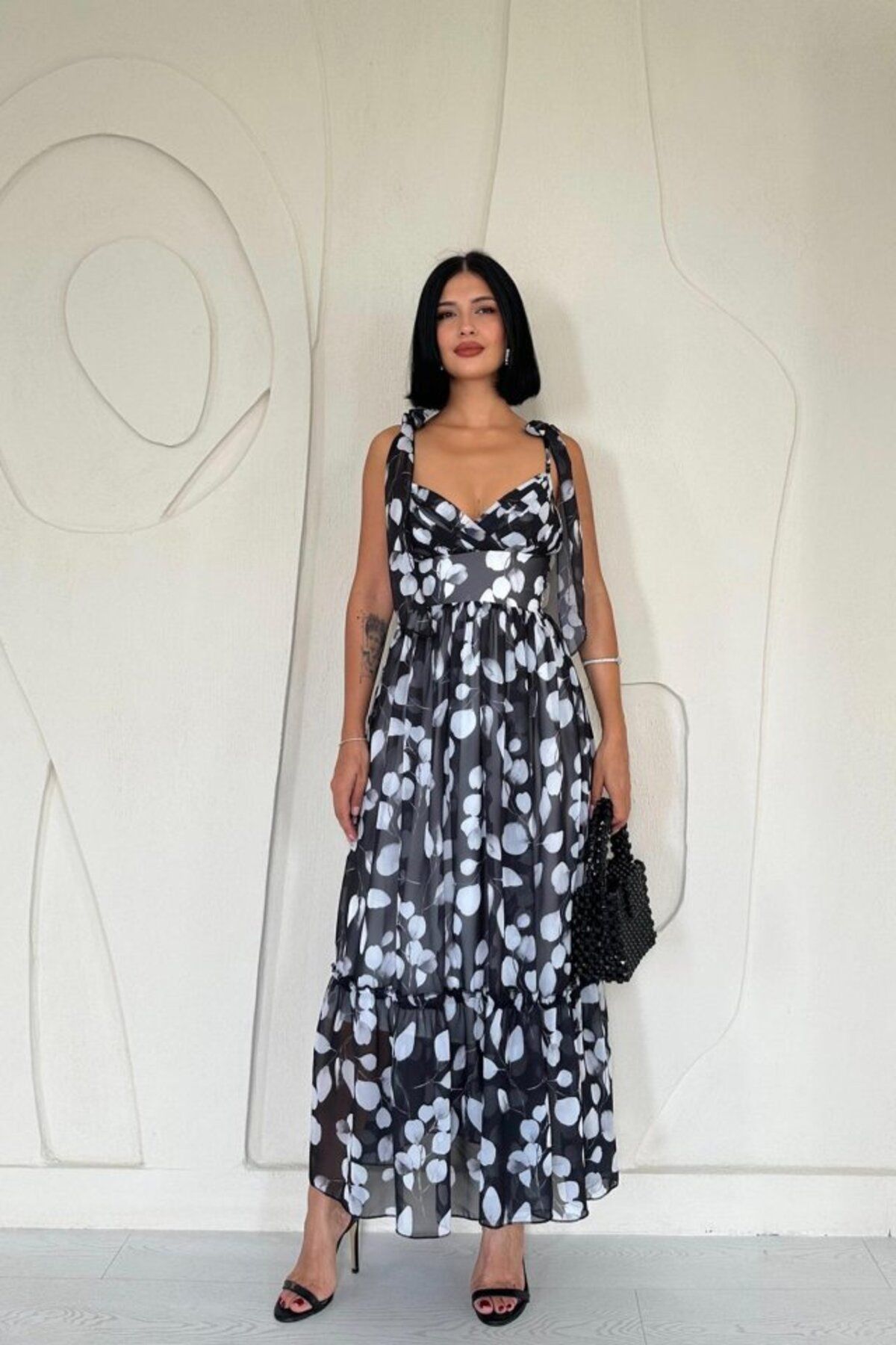 MRA Fashion Siyah Şifon Drapeli Elbise