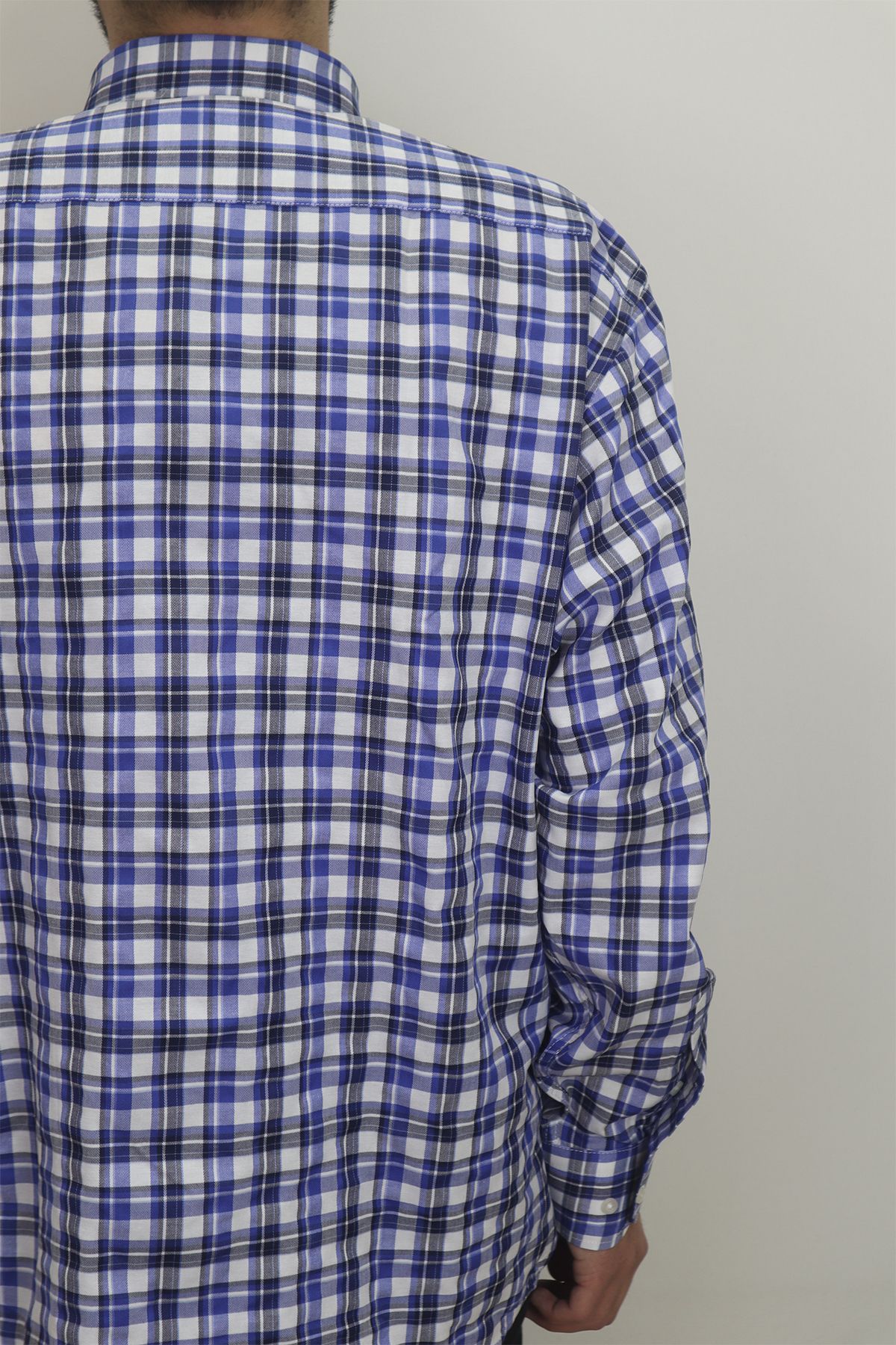 CLİENTE-Men's Dark Blue Plaid Cashmere Long Sleeve Summer Single Pocket Patika 5