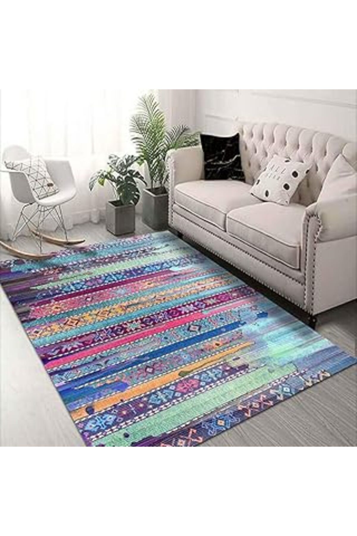 Mu Art Latte Dizayn Bielle Desenli Pamuk Tabanlı Yıkanabilen Kaydırmaz Antibakteriyel Salon Halısı 80X230