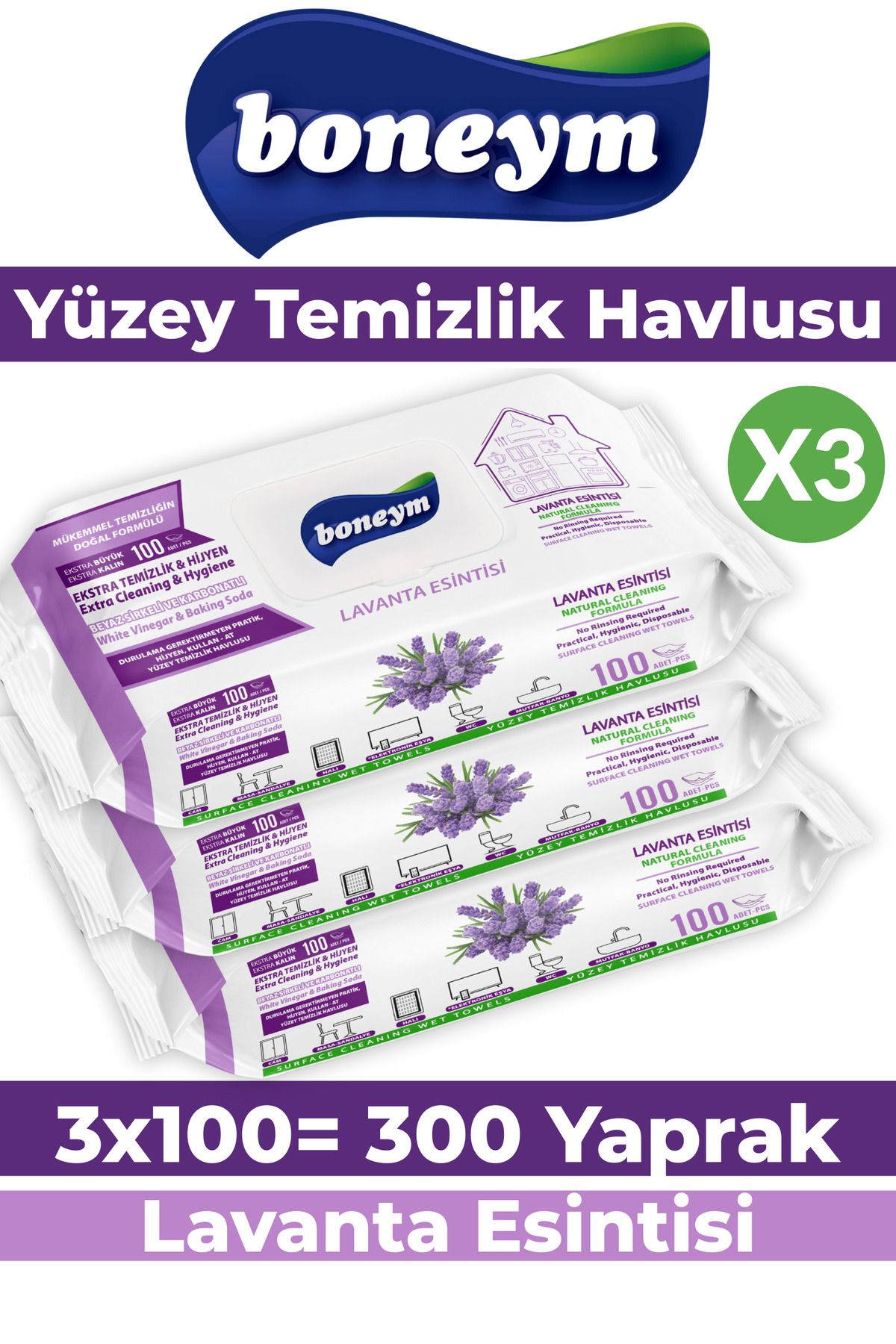 BONEYM Lavanta Kokulu Yüzey Temizlik Havlusu Sirke ve Karbonatlı 100 Yaprak 3 Adet