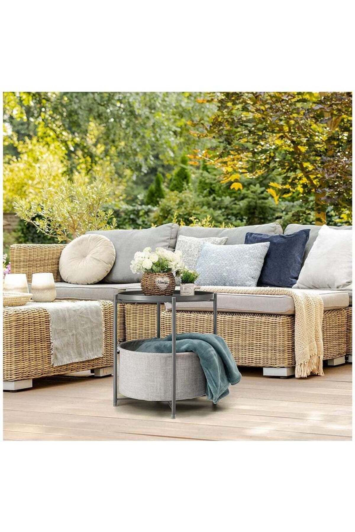 COOYA-2-Tier Round Sofa End Table, Round Side Table with Fabric Cloth Storage Basket, Nightstand 4