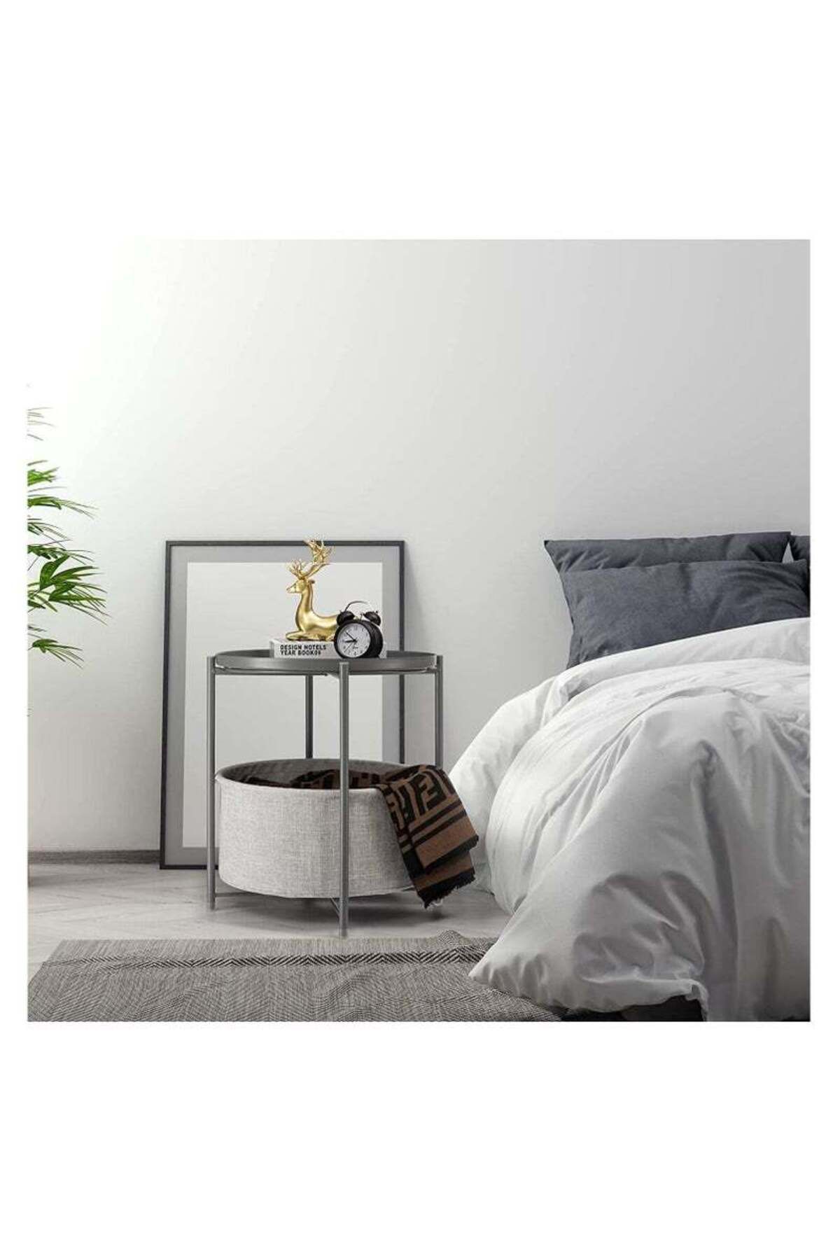 COOYA-2-Tier Round Sofa End Table, Round Side Table with Fabric Cloth Storage Basket, Nightstand 5