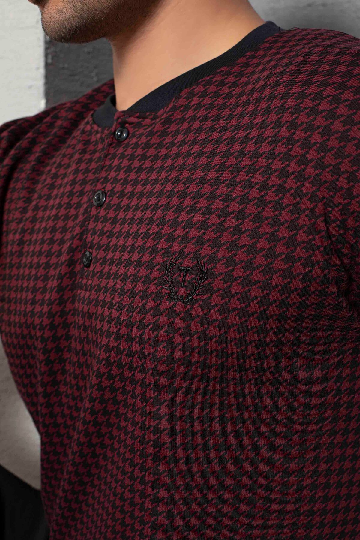 Tarık-Men's 100% Cotton Interlock Claret Red Black Houndstooth Patterned Long Sleeve Half Button Pajama Set 3