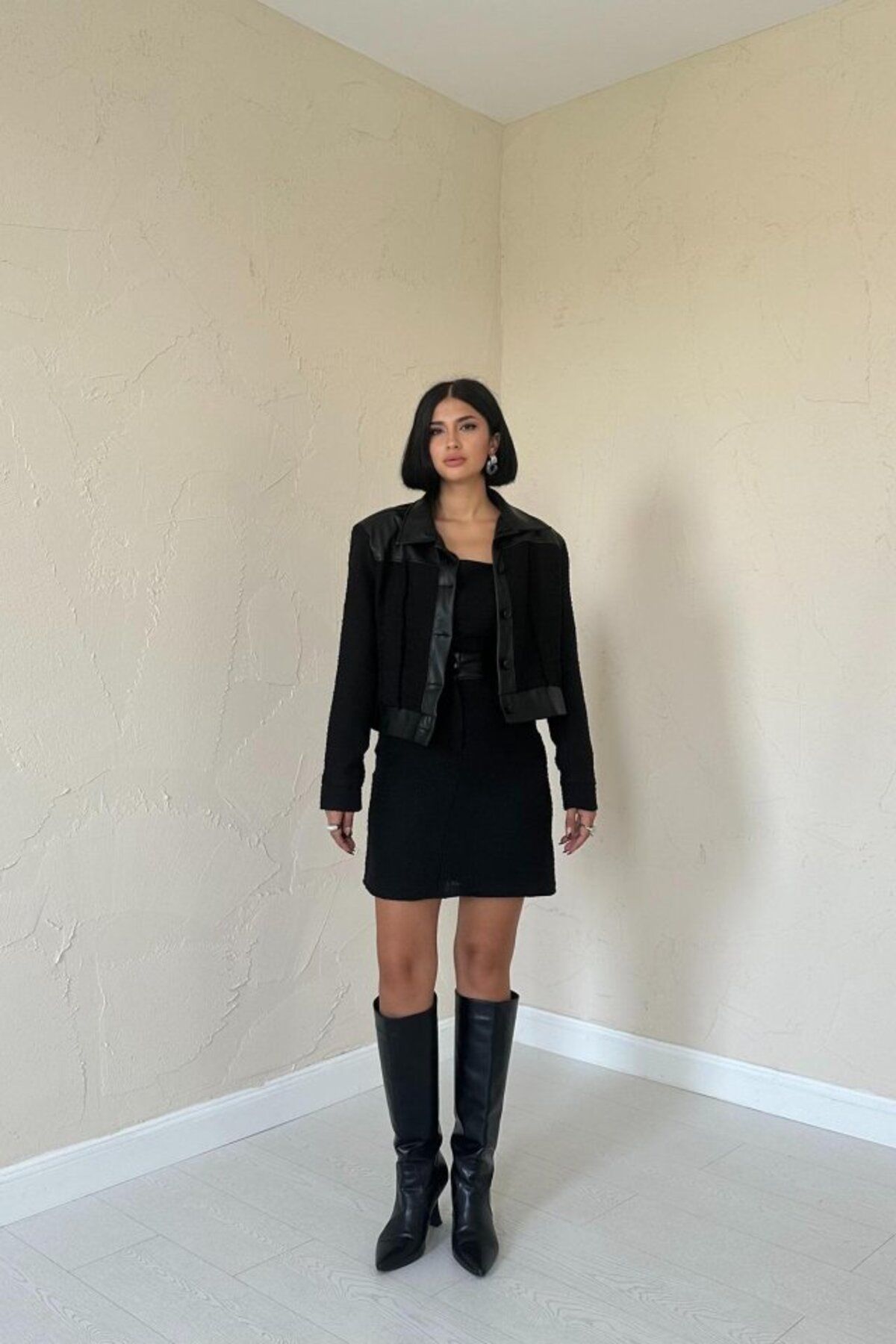 velmorafashion Siyah Üçlü Deri Garnili Ceket Ve Pantolon Takım