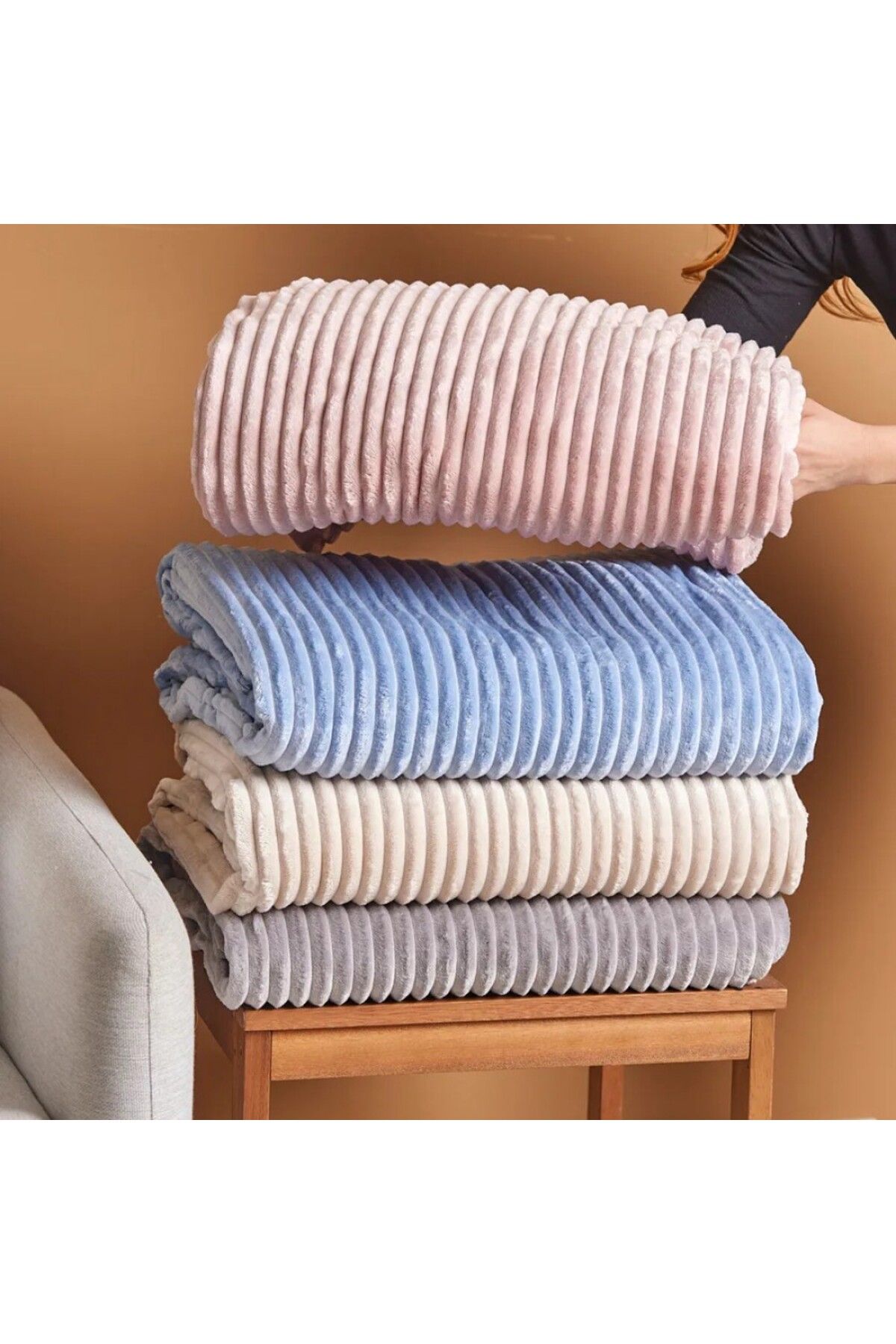 Karaca-Ruby Stripe Wellsoft Einzel Decke, Ecru 7