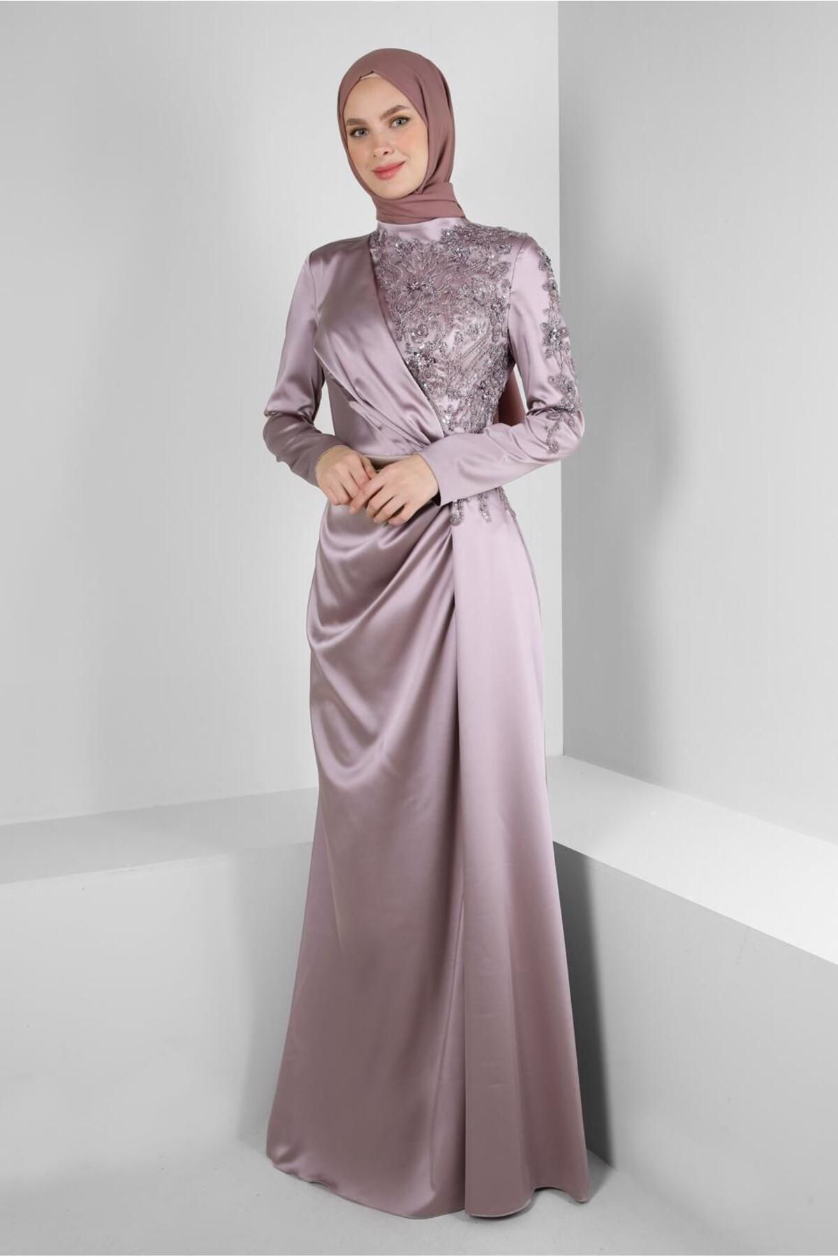 لباس شب یقه سنگی ساتن یقه دوبل 50358 Alvina