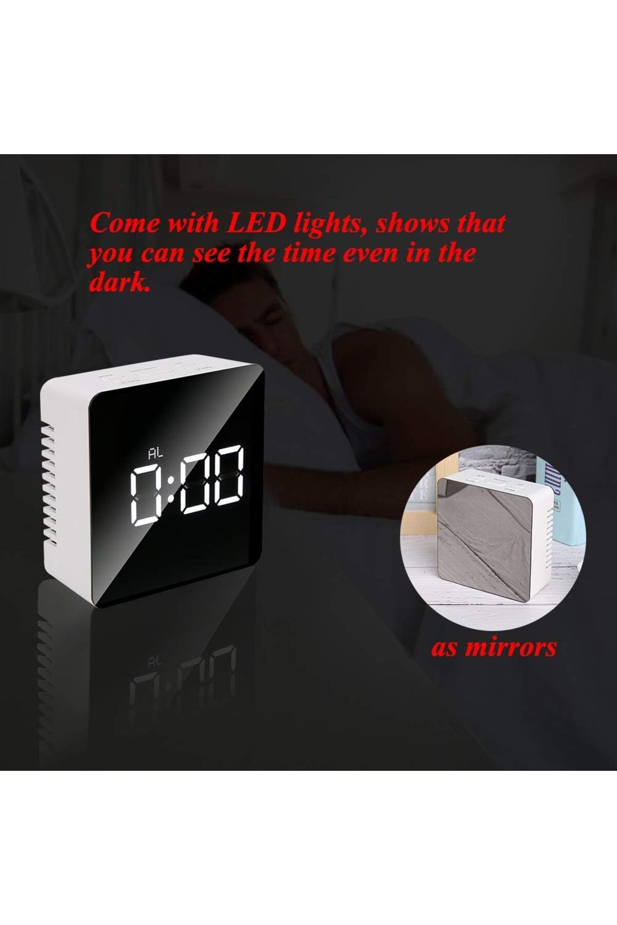 COOYA-LED Square Mirror Desktop Alarm Clock,Five Function Buttons,12H/24H,With Time Temperature,White 4
