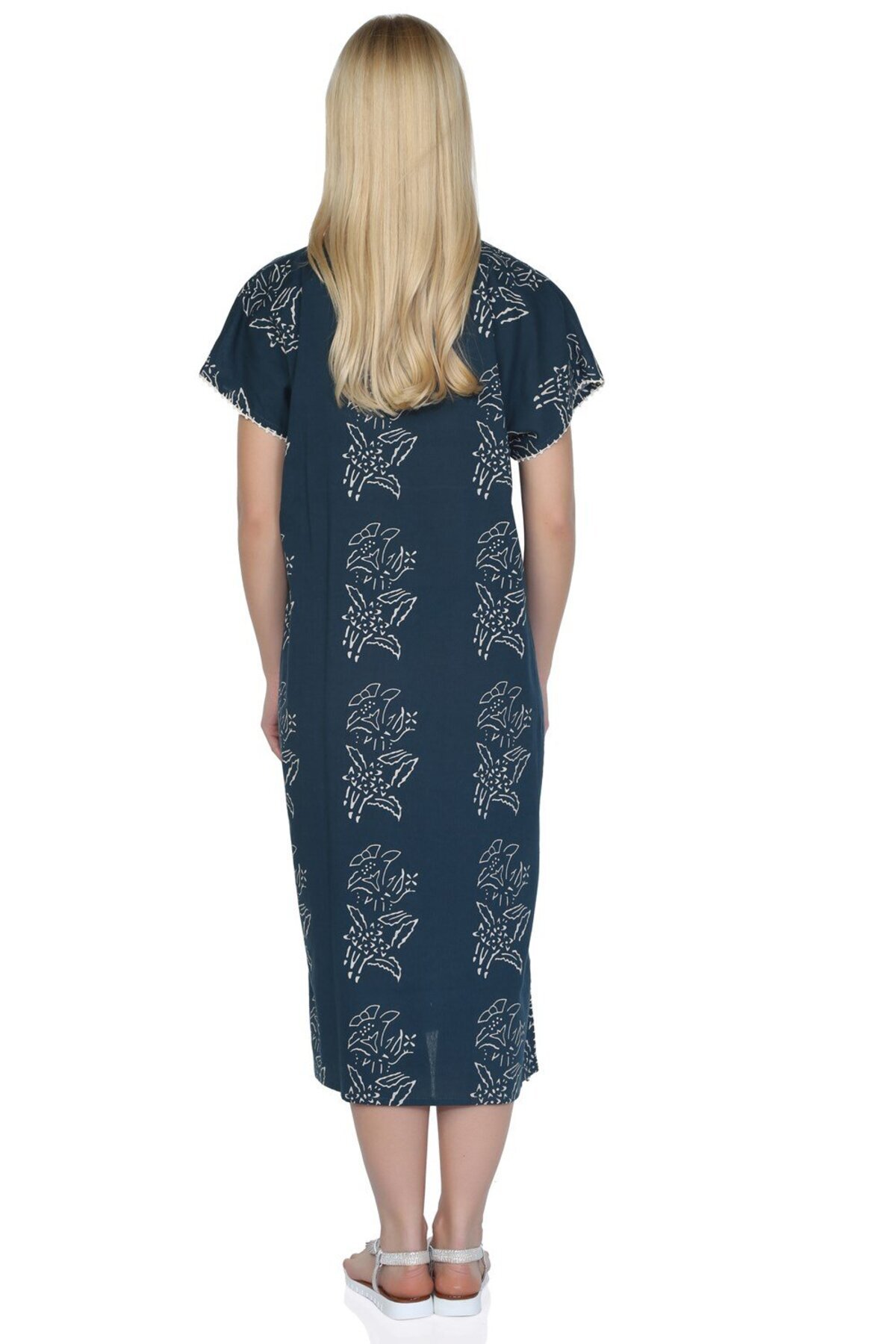 Eliş Şile Bezi-Short Sleeve Sile Cloth, Printed Lily Pattern Midi Length Summer Dress Petrol Ptrl 2