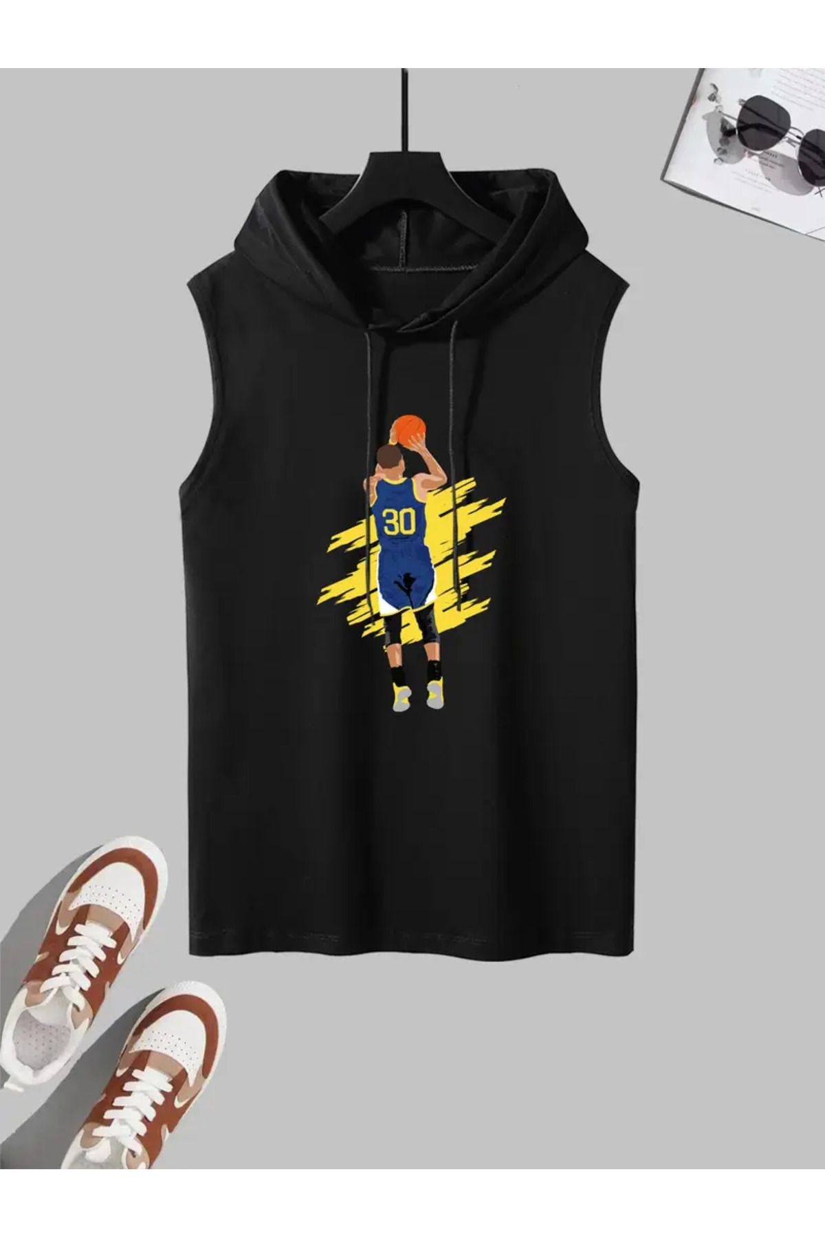 Erkek Jumpshot Oyuncu Baskılı Kapüşonlu Kolsuz Vücut Geliştirme Antrenman Tişörtü Kas Kesimli