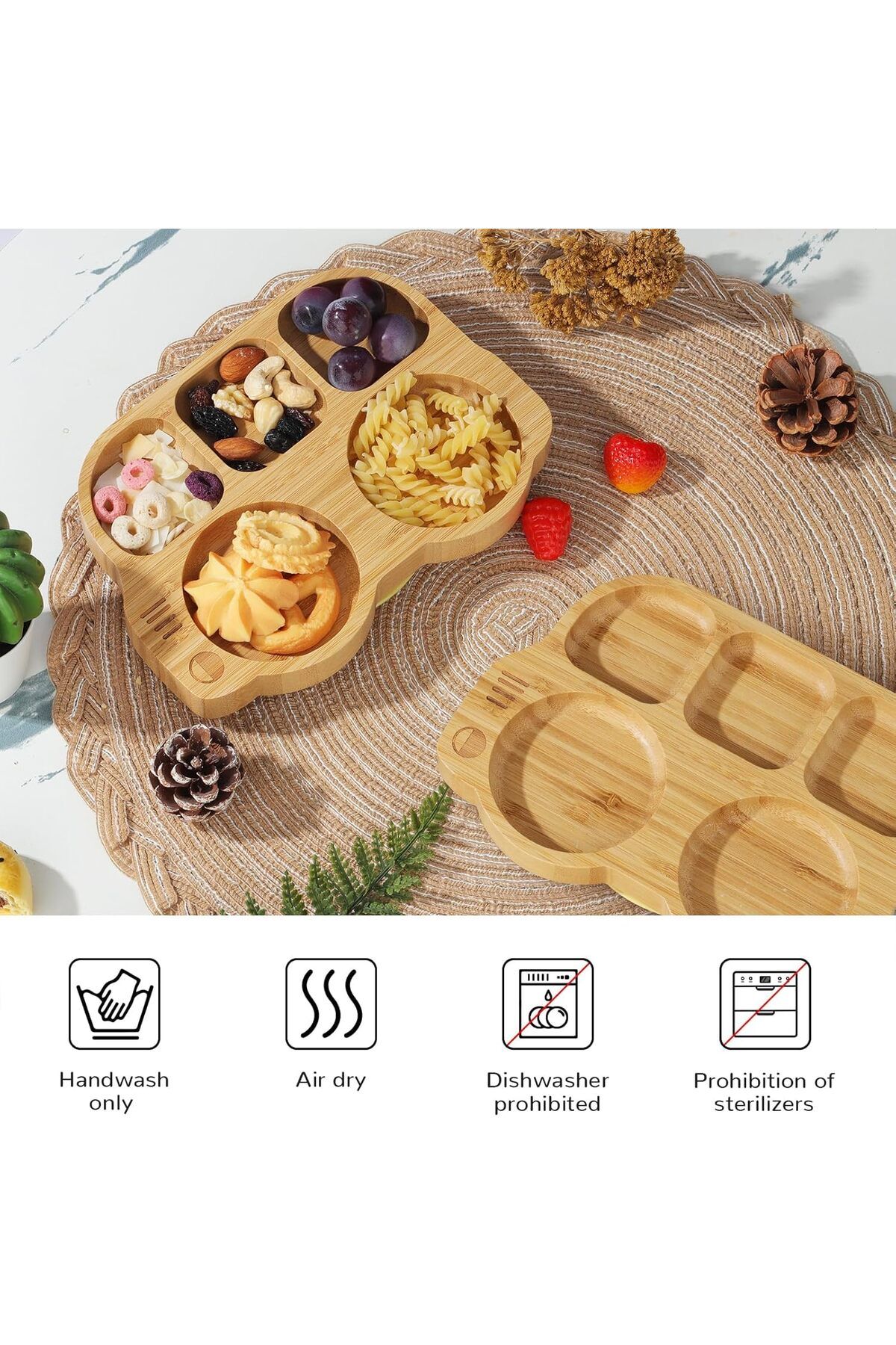 COOYA-Toddler Bamboo Plate with Suction, with Spoon Fork, Car Shaped Design Divided Plate, BPA Free 5