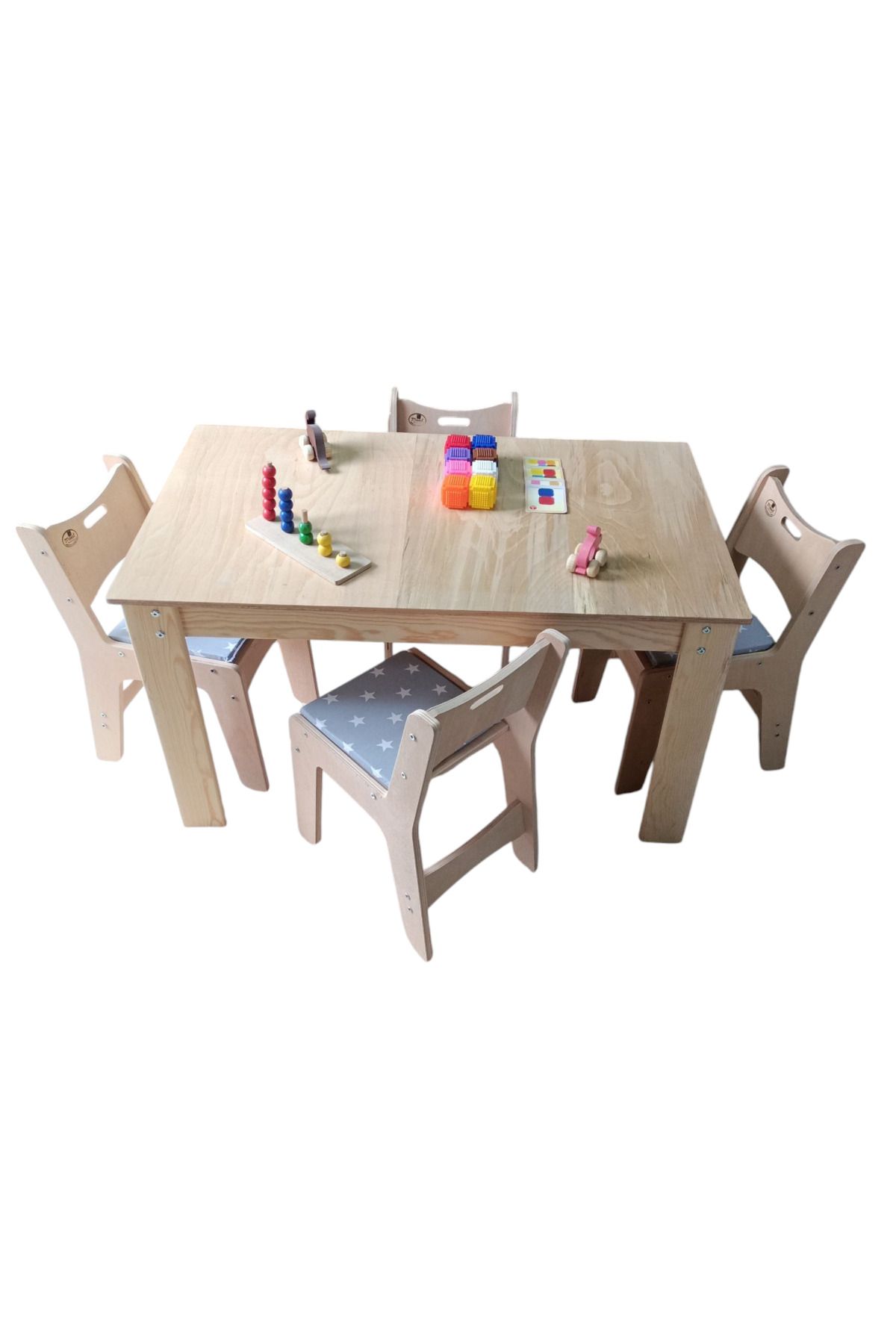 Masal Oyuncak Ahşap Anaokulu Masası + 4 ergonomik sandalye minderli